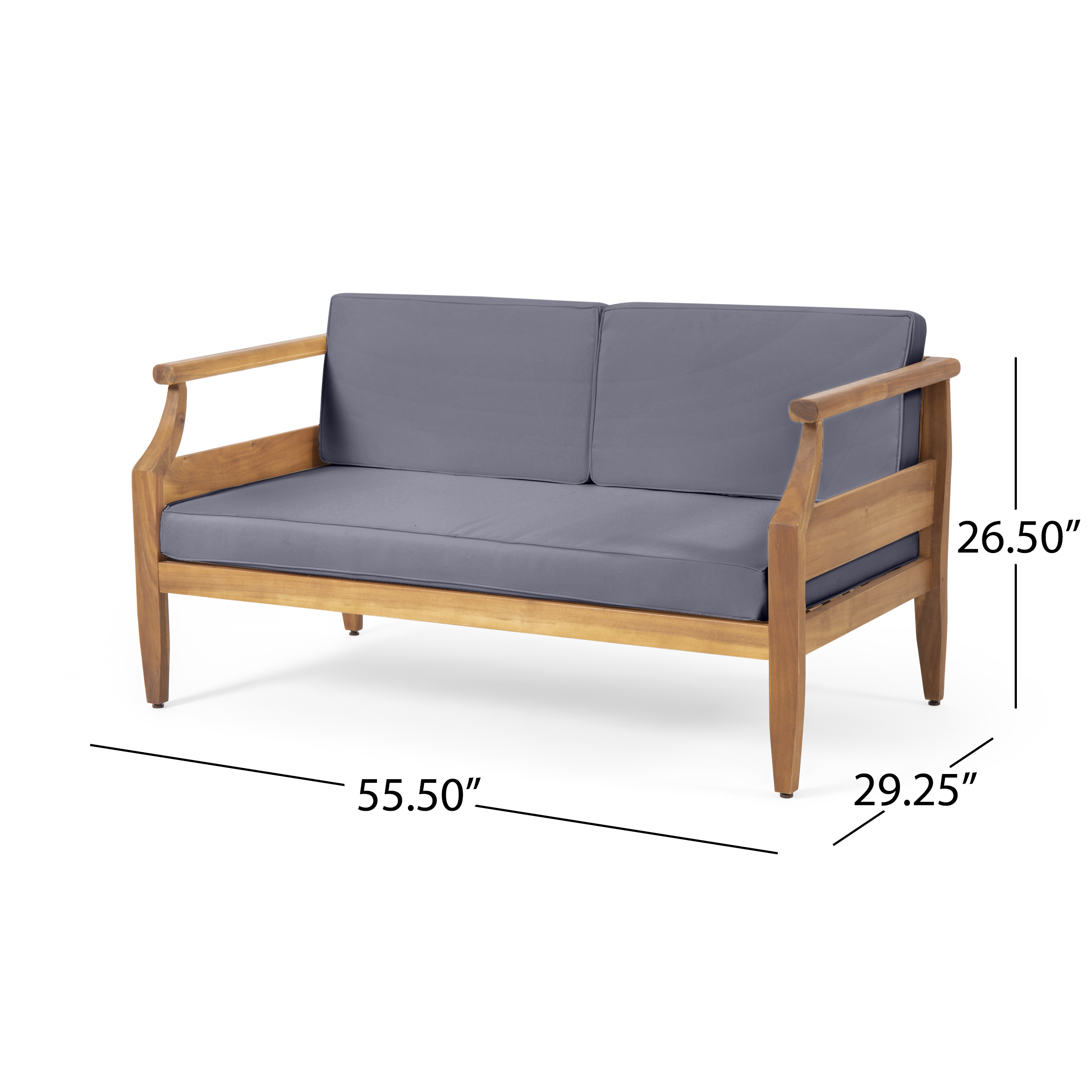 Aston Acacia Wood Outdoor Loveseat Set_Loveseat&Coffee Table  - Teak Finish + Dark Gray Cushion