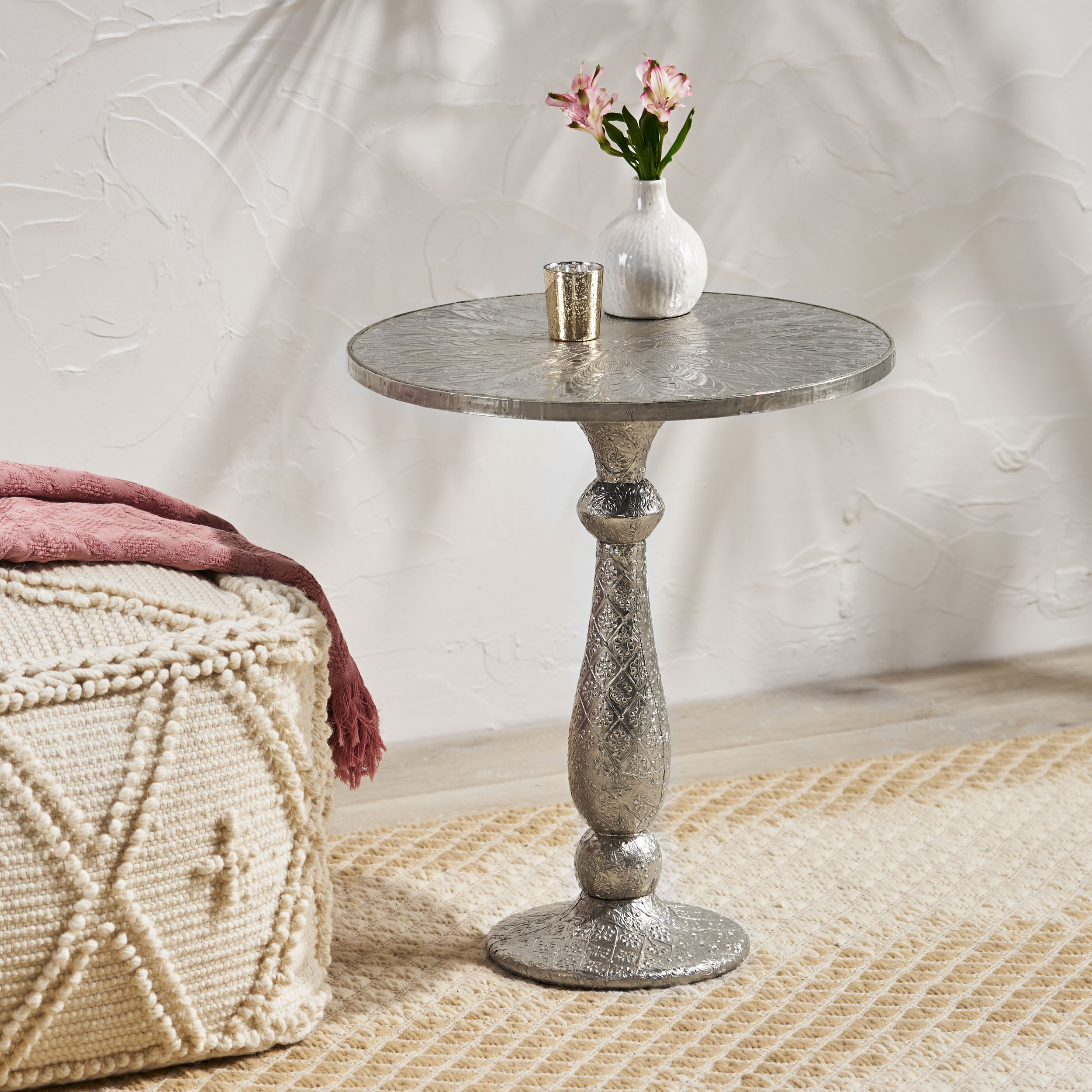 WOODEN AND  WHITE METAL FITTED TABLE