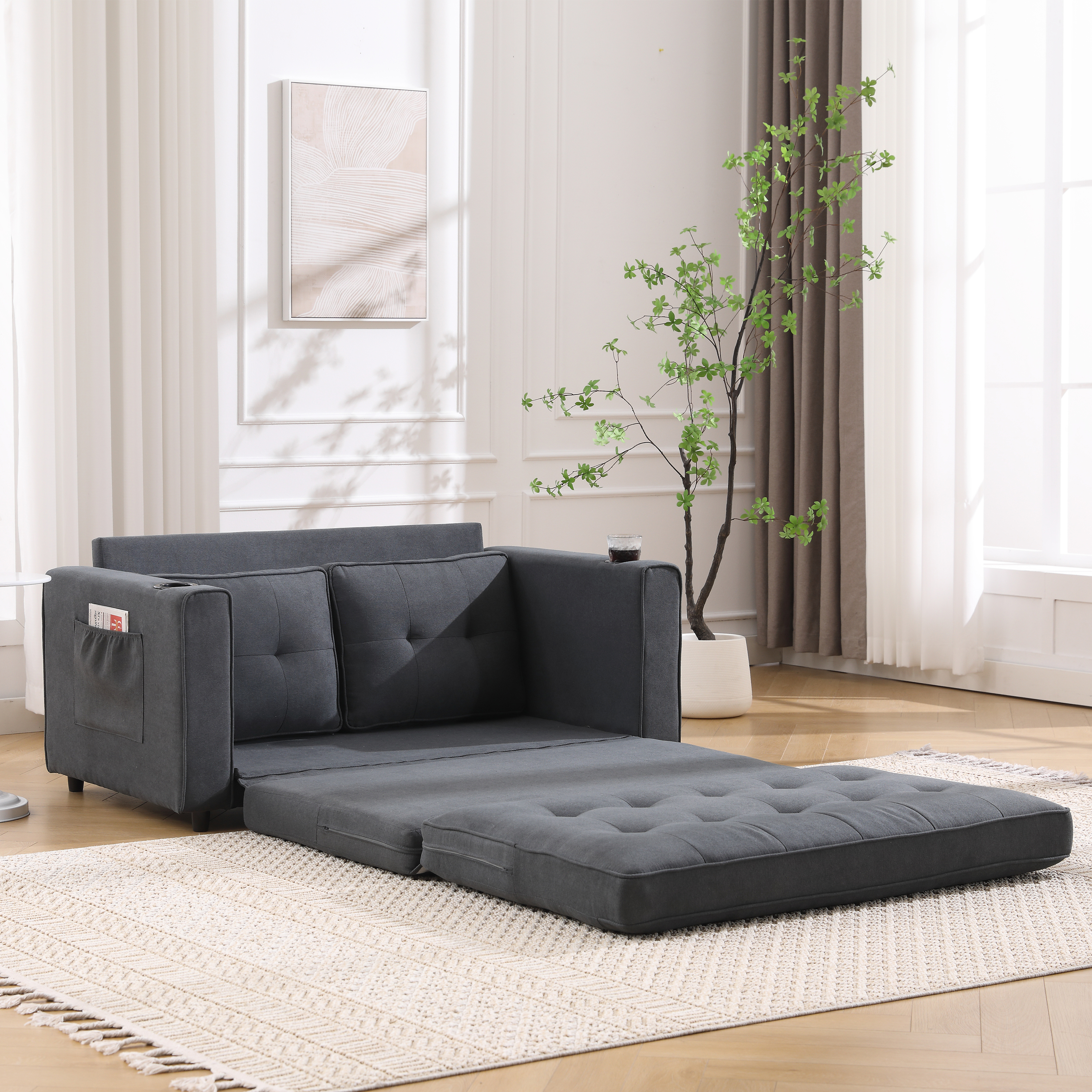 {VIDEO Provided}3-in-1 Upholstered Futon Sofa Convertible Sofa bed,Foldable Tufted Loveseat with Pull Out Sleeper Couch Bed,Folding Mattres Love Seat Daybed W/Side Pockets and Cup Holder, Dark Gray