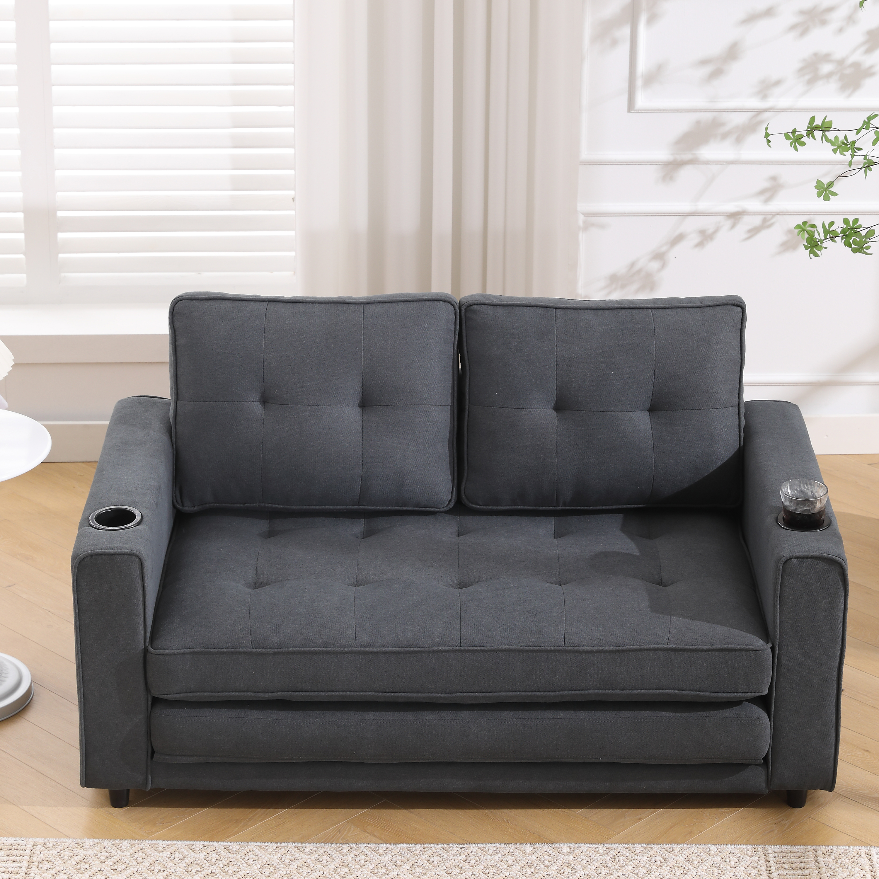 {VIDEO Provided}3-in-1 Upholstered Futon Sofa Convertible Sofa bed,Foldable Tufted Loveseat with Pull Out Sleeper Couch Bed,Folding Mattres Love Seat Daybed W/Side Pockets and Cup Holder, Dark Gray