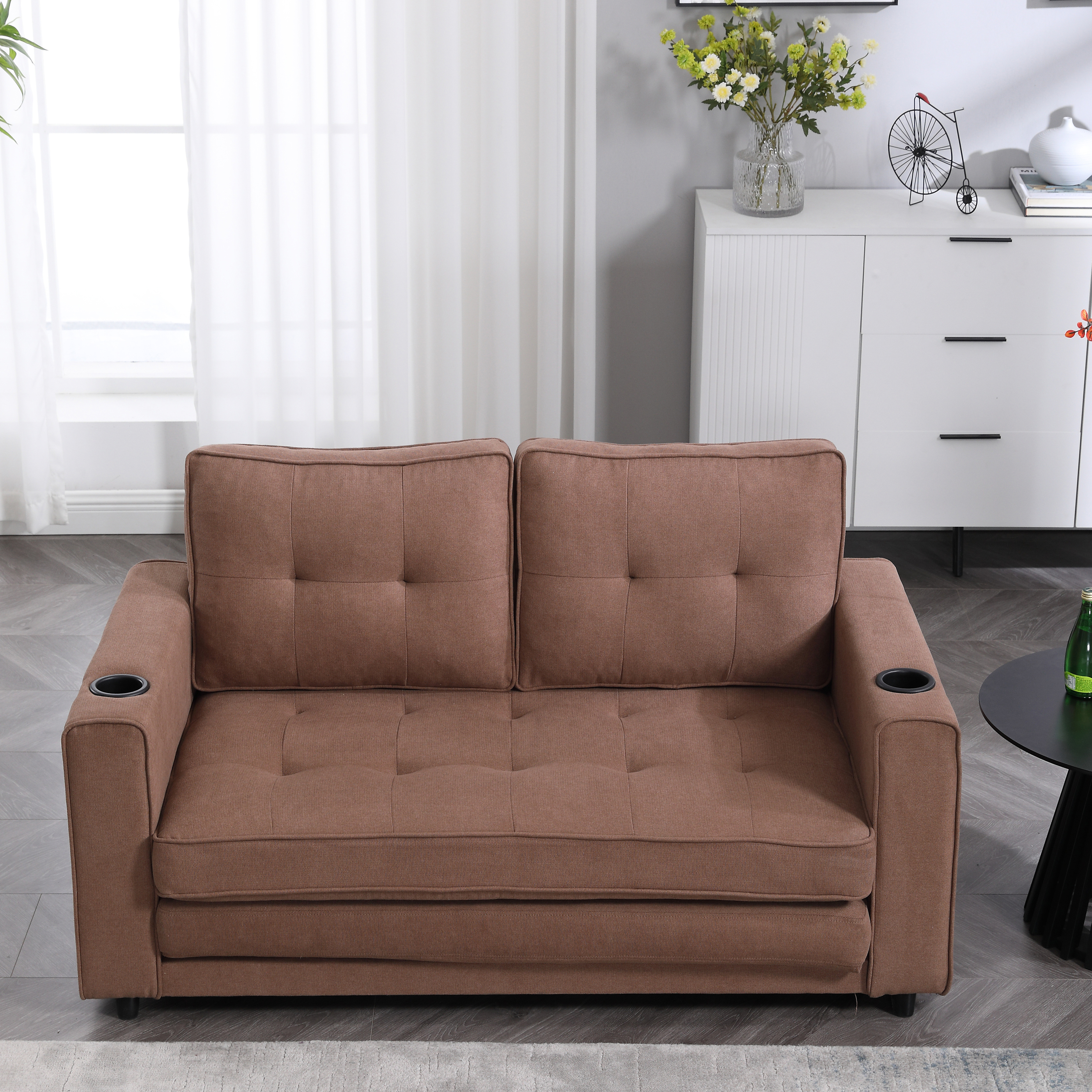 {VIDEO Provided}3-in-1 Upholstered Futon Sofa Convertible Floor Sofa bed,Foldable Tufted Loveseat with Pull Out Sleeper Couch Bed,Folding Mattres Love Seat Daybed W/Side Pockets for Living Room, Brown