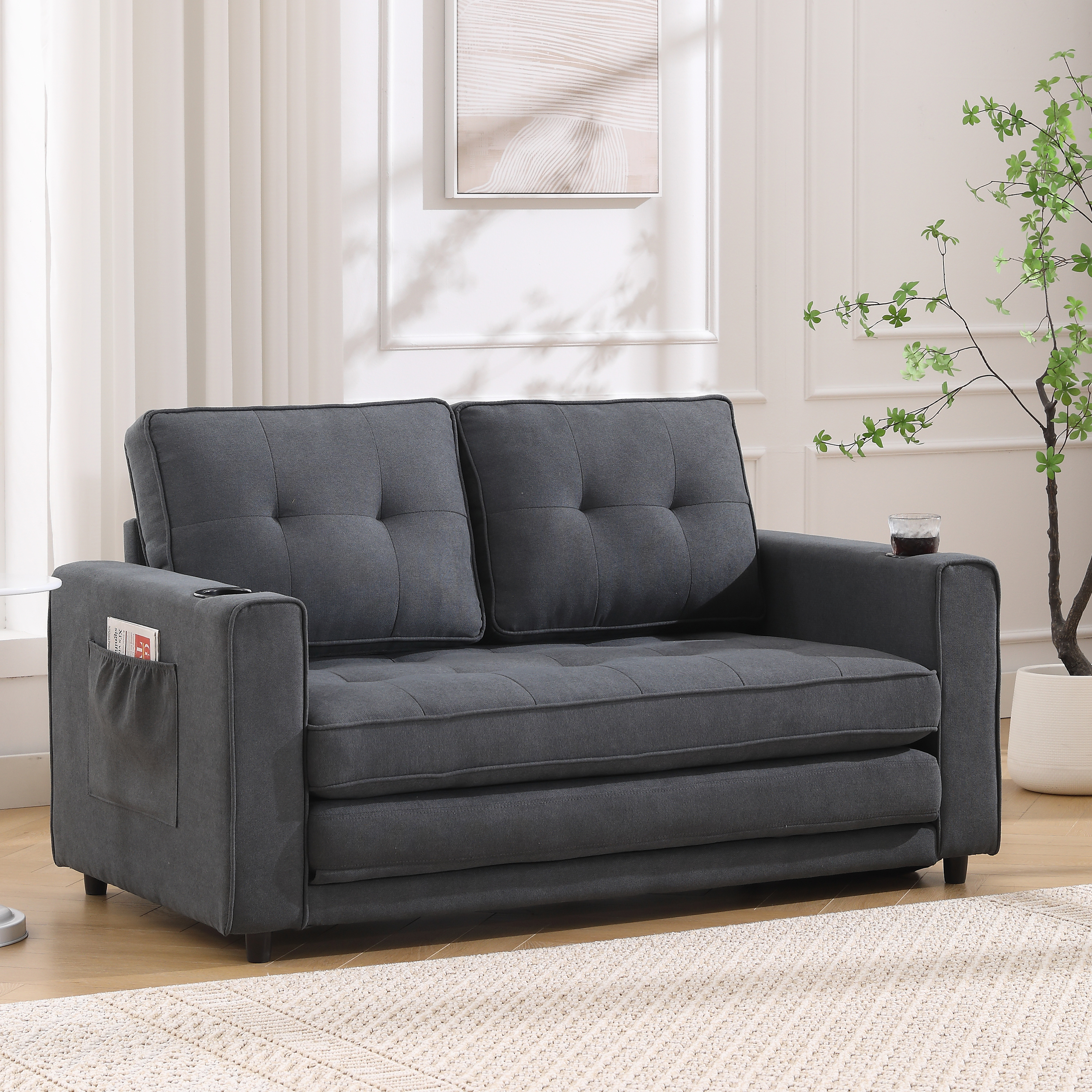 {VIDEO Provided}3-in-1 Upholstered Futon Sofa Convertible Sofa bed,Foldable Tufted Loveseat with Pull Out Sleeper Couch Bed,Folding Mattres Love Seat Daybed W/Side Pockets and Cup Holder, Dark Gray