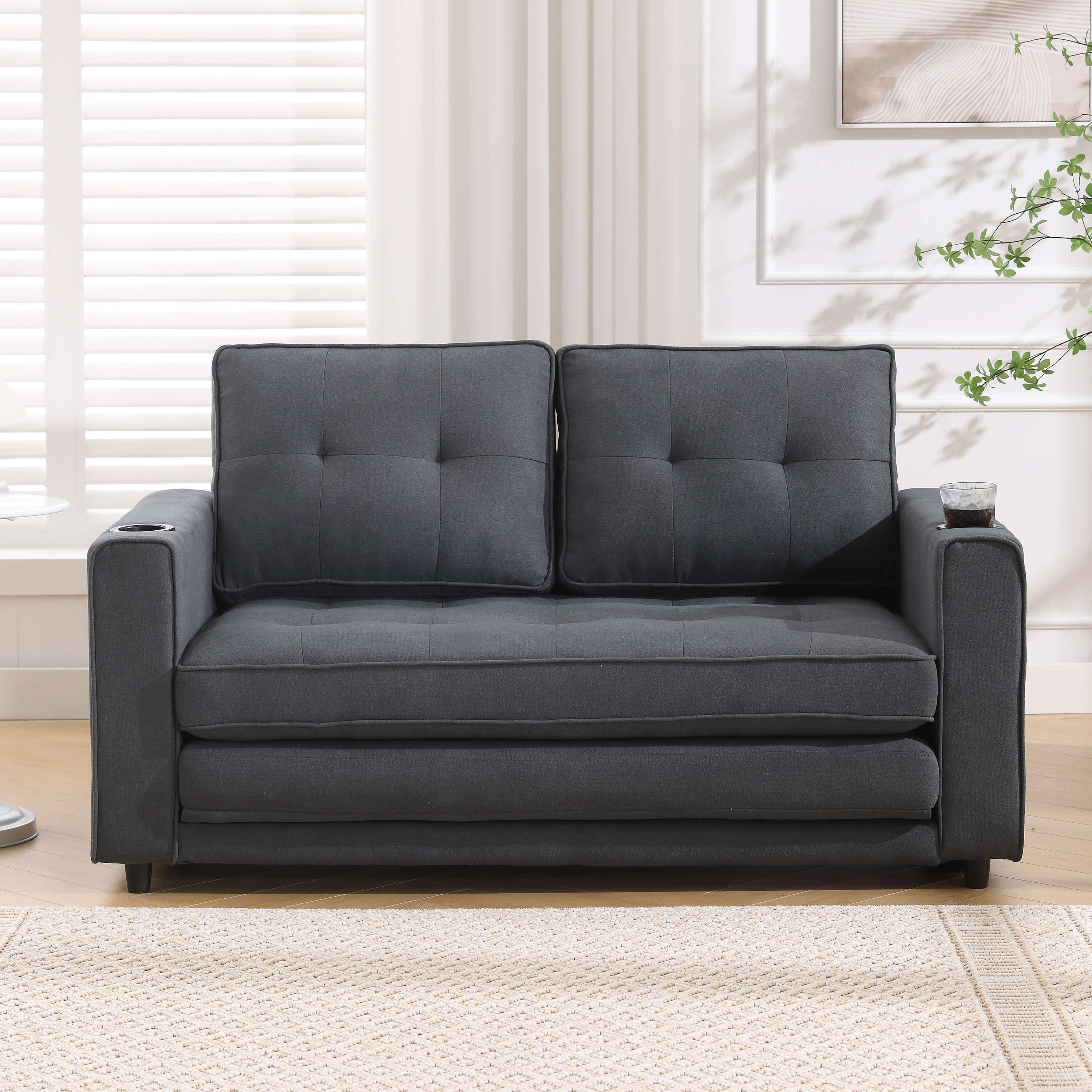 {VIDEO Provided}3-in-1 Upholstered Futon Sofa Convertible Sofa bed,Foldable Tufted Loveseat with Pull Out Sleeper Couch Bed,Folding Mattres Love Seat Daybed W/Side Pockets and Cup Holder, Dark Gray