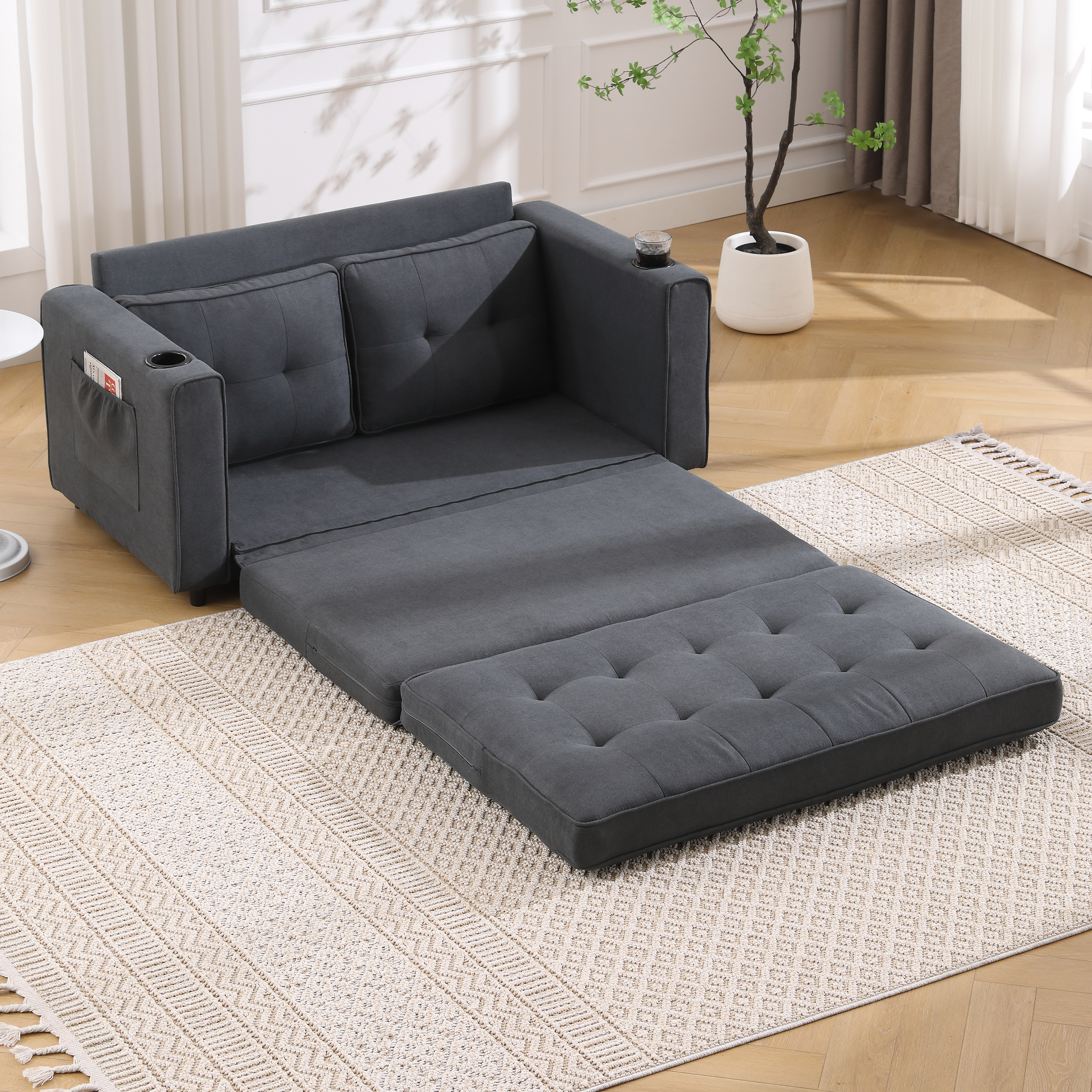 {VIDEO Provided}3-in-1 Upholstered Futon Sofa Convertible Sofa bed,Foldable Tufted Loveseat with Pull Out Sleeper Couch Bed,Folding Mattres Love Seat Daybed W/Side Pockets and Cup Holder, Dark Gray