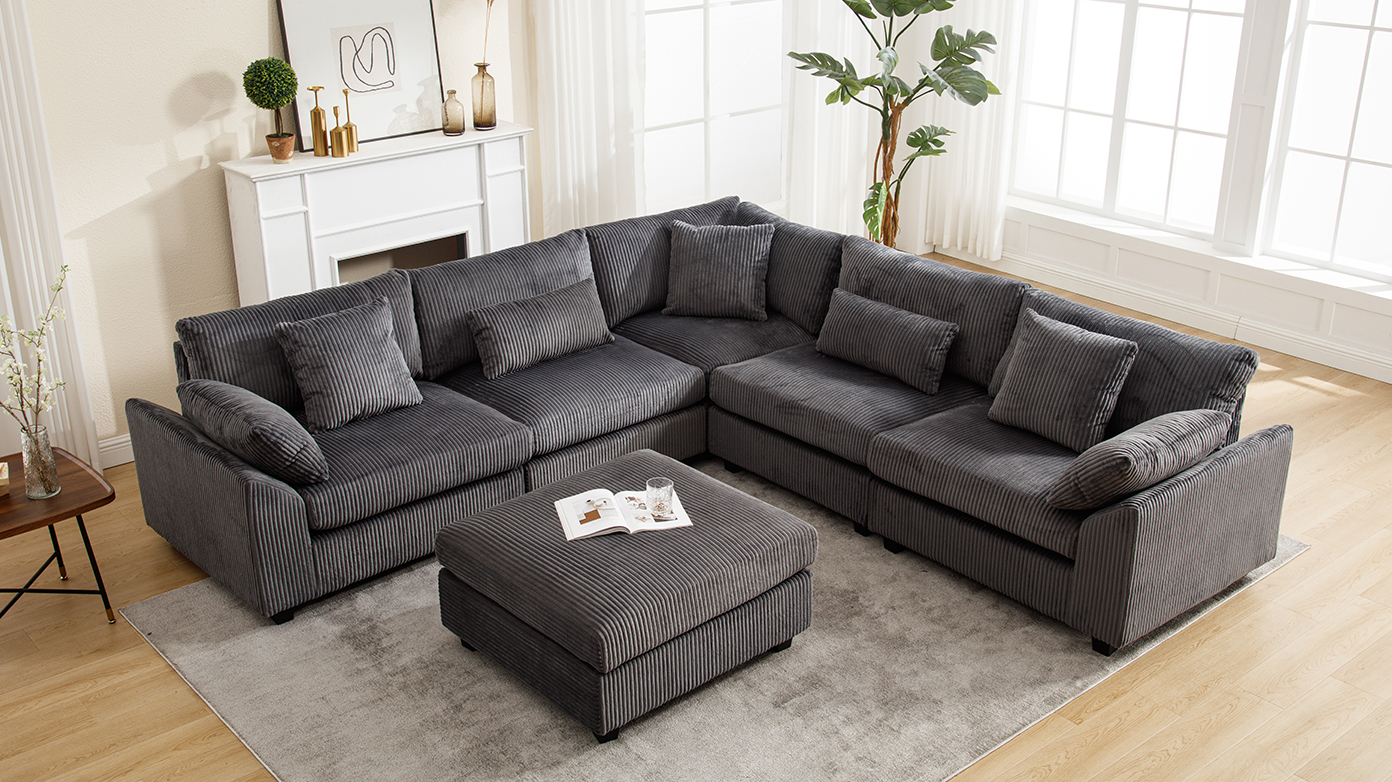 {NEW ARRIVAL} {VIDEO provided} Oversized Modular Sectional Sofa Couches Set,Corduroy Upholstered Deep Seat Comfy Sofa for Living Room,Dark Gray