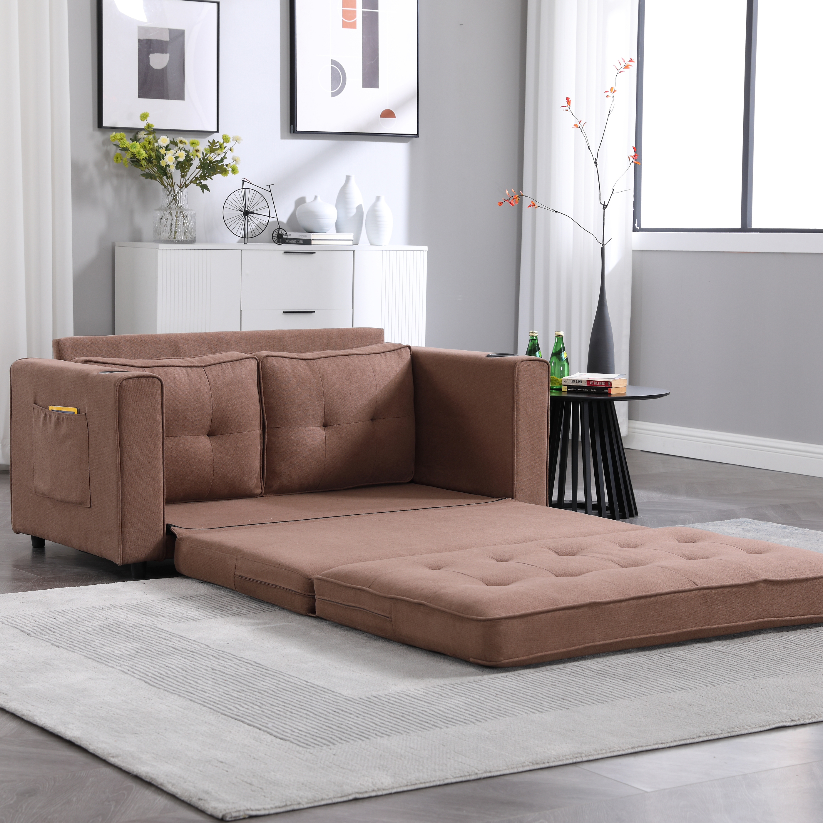 {VIDEO Provided}3-in-1 Upholstered Futon Sofa Convertible Floor Sofa bed,Foldable Tufted Loveseat with Pull Out Sleeper Couch Bed,Folding Mattres Love Seat Daybed W/Side Pockets for Living Room, Brown