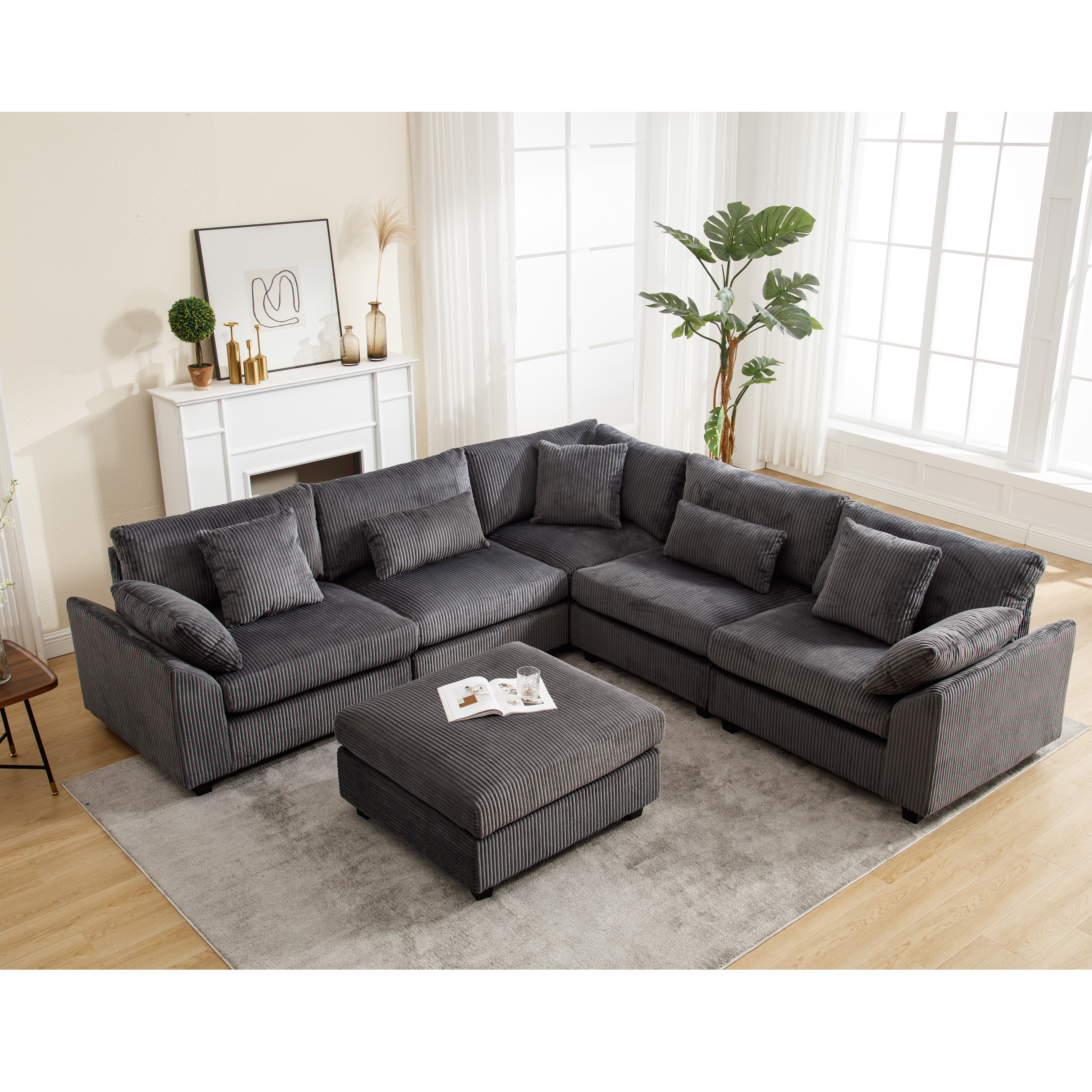 {NEW ARRIVAL} {VIDEO provided} Oversized Modular Sectional Sofa Couches Set,Corduroy Upholstered Deep Seat Comfy Sofa for Living Room,Dark Gray