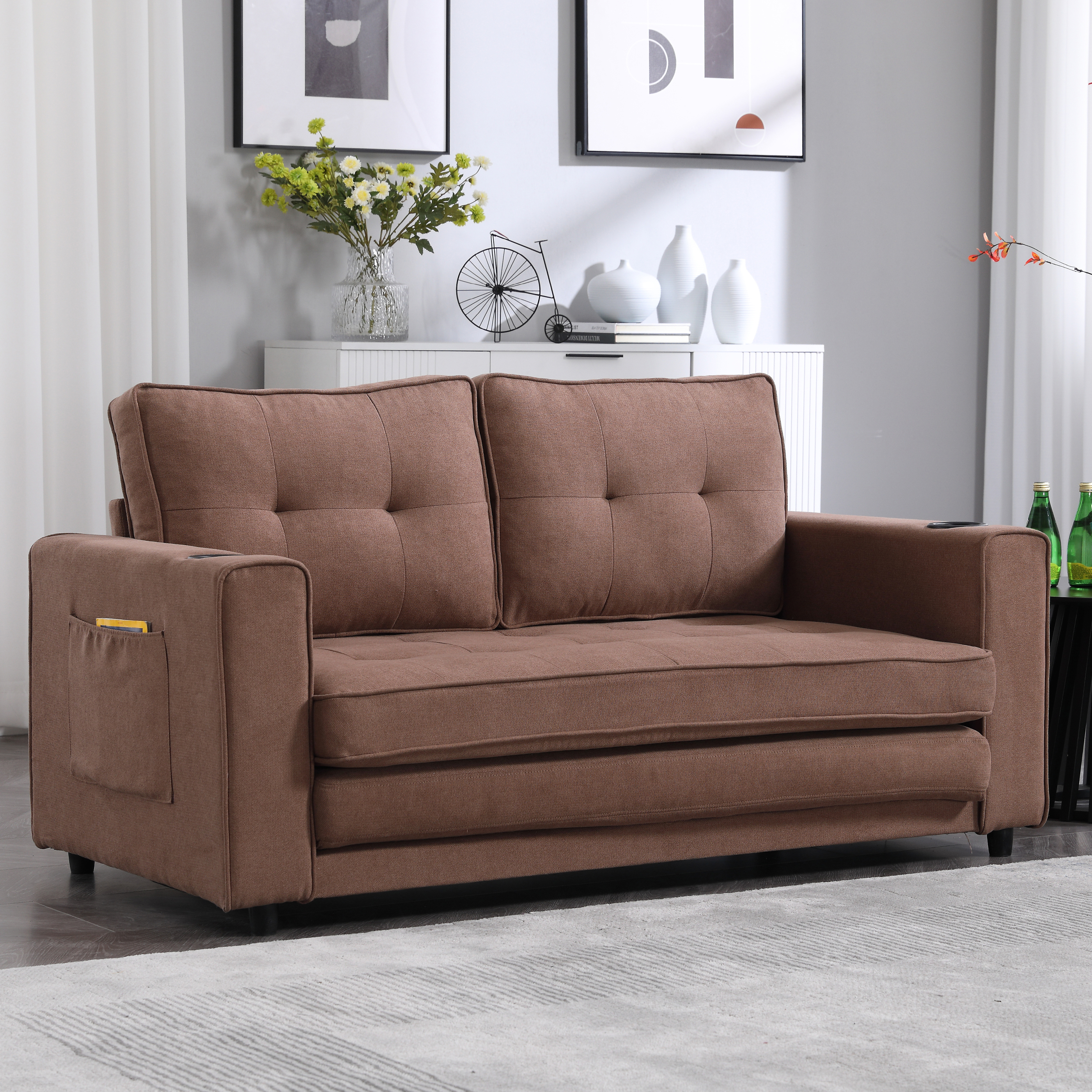 {VIDEO Provided}3-in-1 Upholstered Futon Sofa Convertible Floor Sofa bed,Foldable Tufted Loveseat with Pull Out Sleeper Couch Bed,Folding Mattres Love Seat Daybed W/Side Pockets for Living Room, Brown