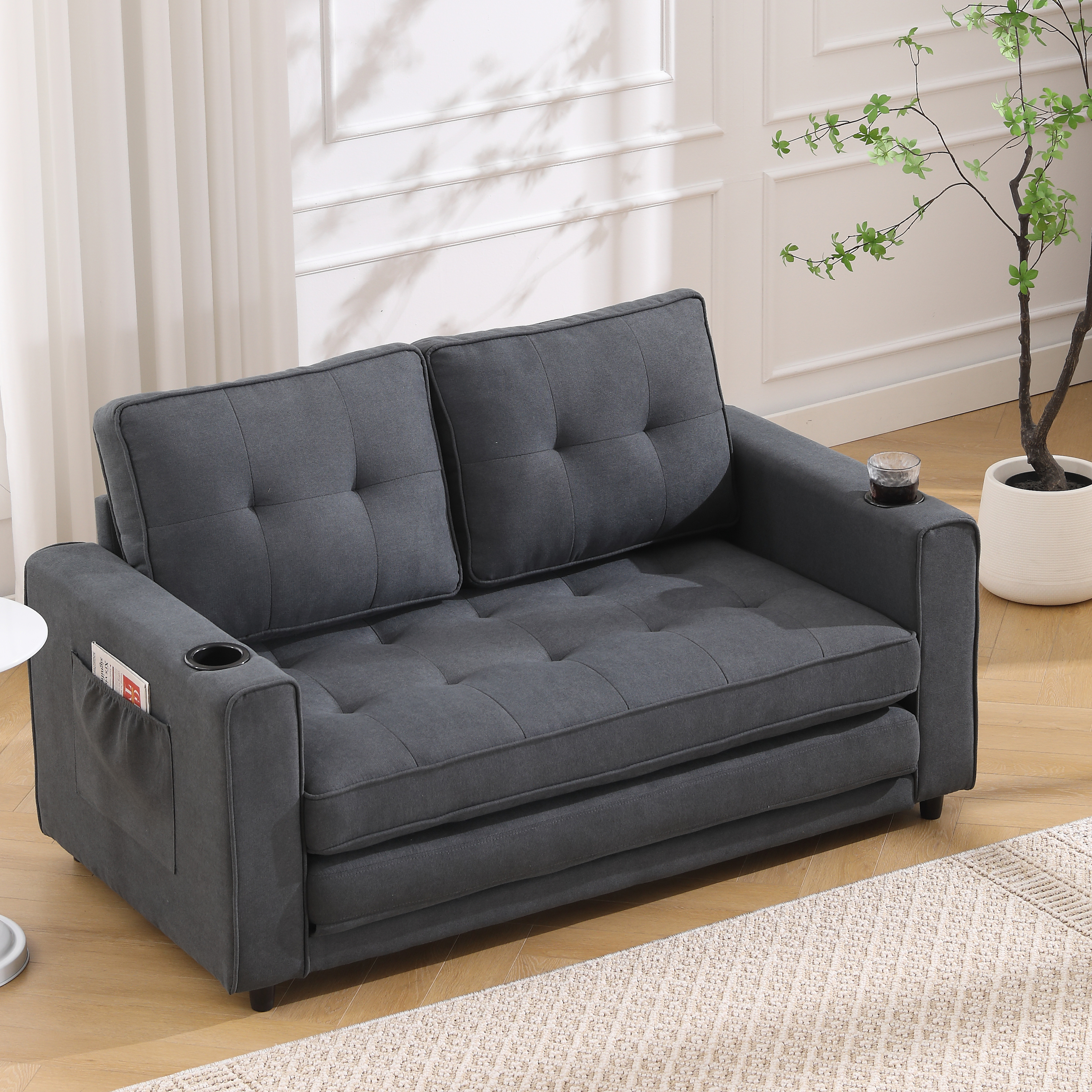 {VIDEO Provided}3-in-1 Upholstered Futon Sofa Convertible Sofa bed,Foldable Tufted Loveseat with Pull Out Sleeper Couch Bed,Folding Mattres Love Seat Daybed W/Side Pockets and Cup Holder, Dark Gray