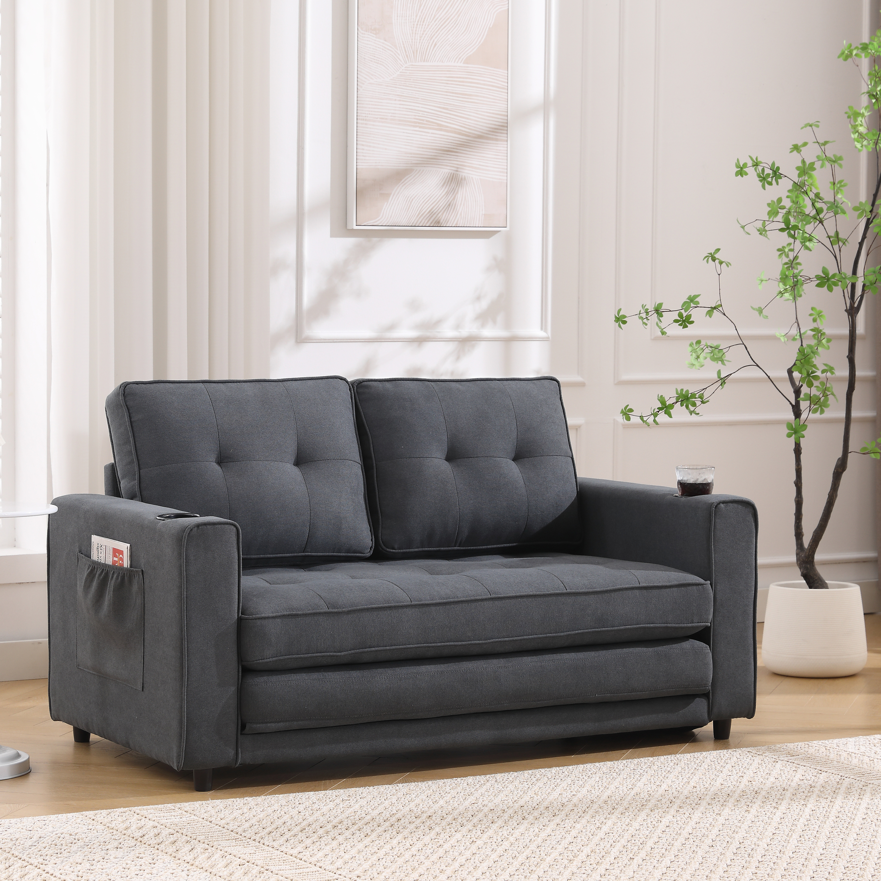 {VIDEO Provided}3-in-1 Upholstered Futon Sofa Convertible Sofa bed,Foldable Tufted Loveseat with Pull Out Sleeper Couch Bed,Folding Mattres Love Seat Daybed W/Side Pockets and Cup Holder, Dark Gray