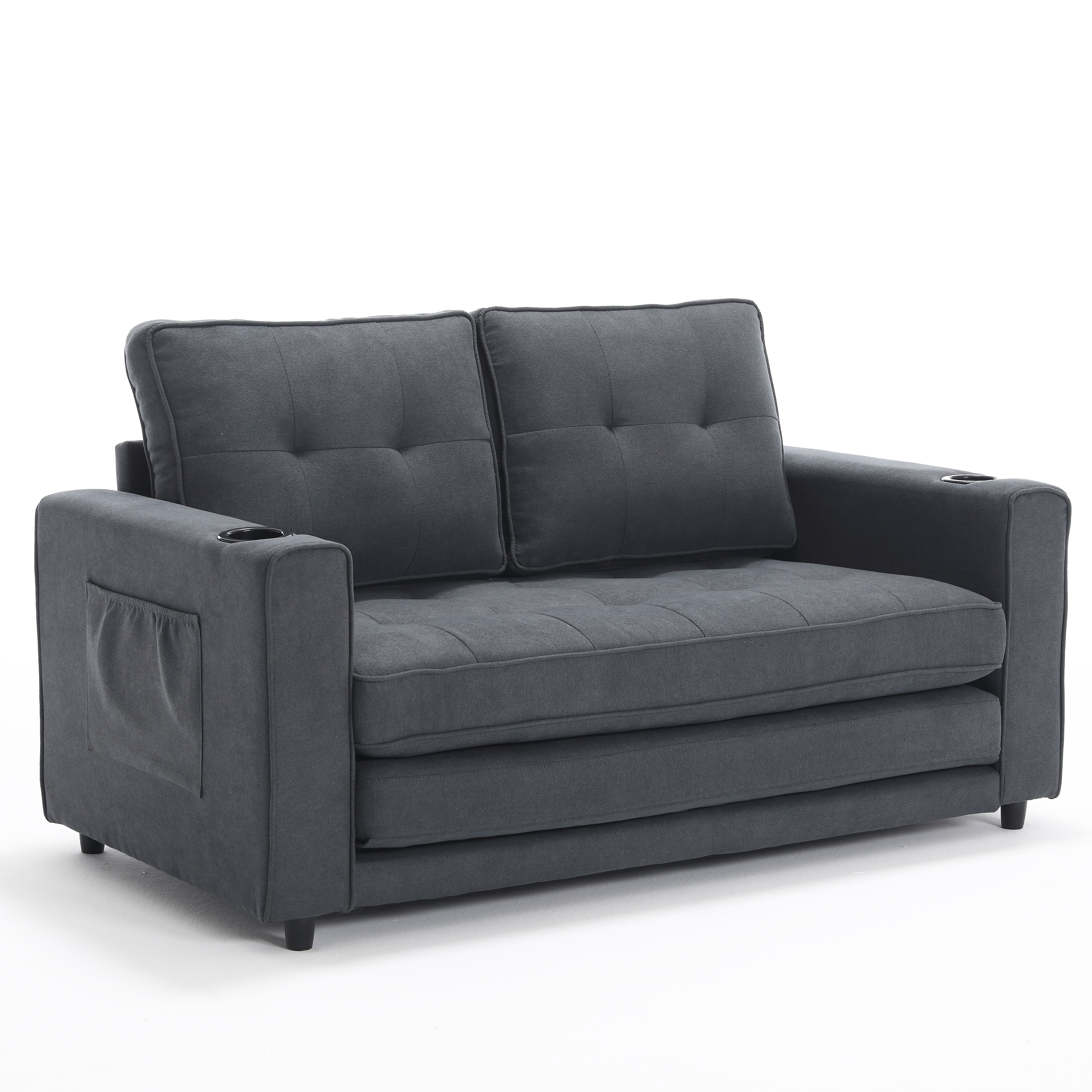 {VIDEO Provided}3-in-1 Upholstered Futon Sofa Convertible Sofa bed,Foldable Tufted Loveseat with Pull Out Sleeper Couch Bed,Folding Mattres Love Seat Daybed W/Side Pockets and Cup Holder, Dark Gray