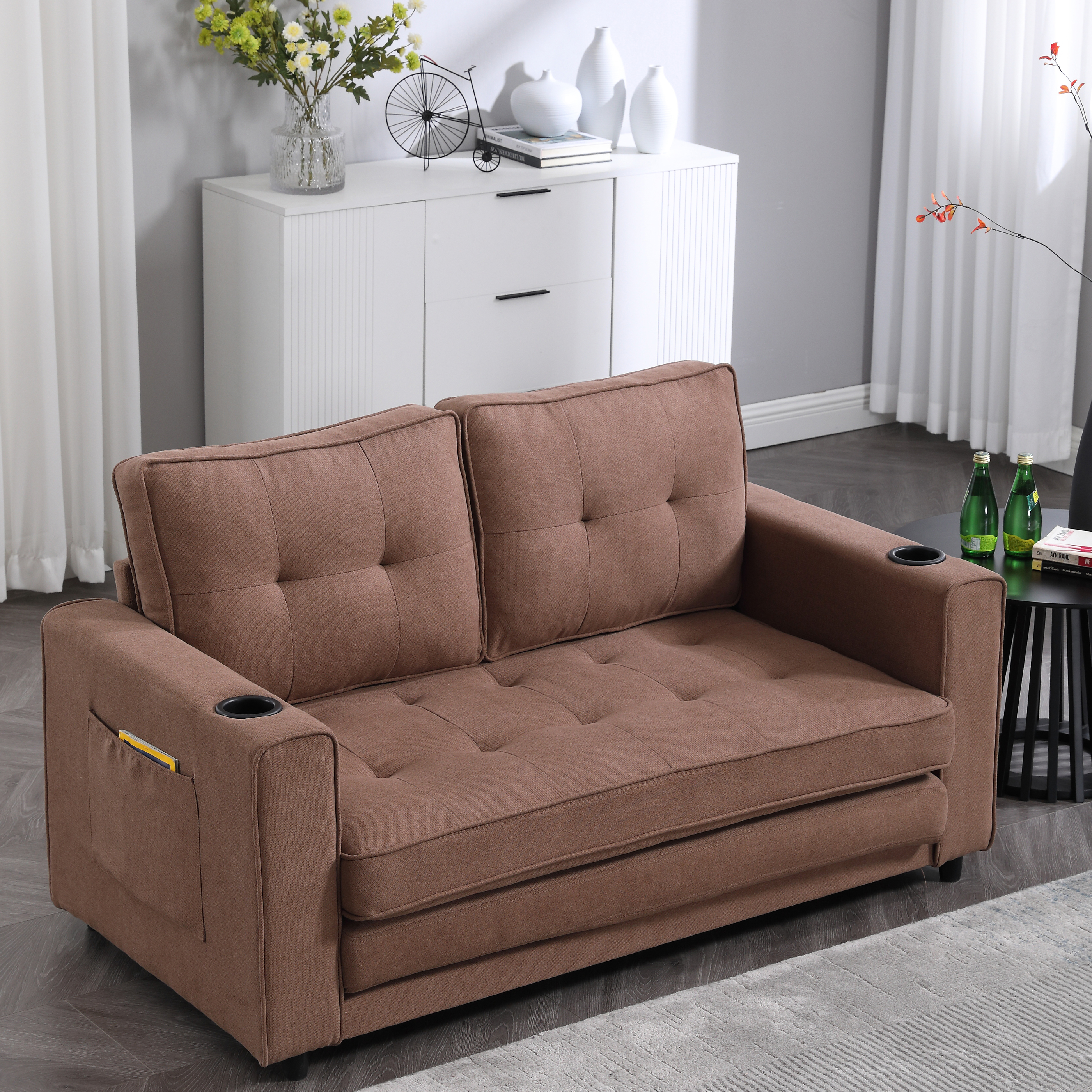 {VIDEO Provided}3-in-1 Upholstered Futon Sofa Convertible Floor Sofa bed,Foldable Tufted Loveseat with Pull Out Sleeper Couch Bed,Folding Mattres Love Seat Daybed W/Side Pockets for Living Room, Brown