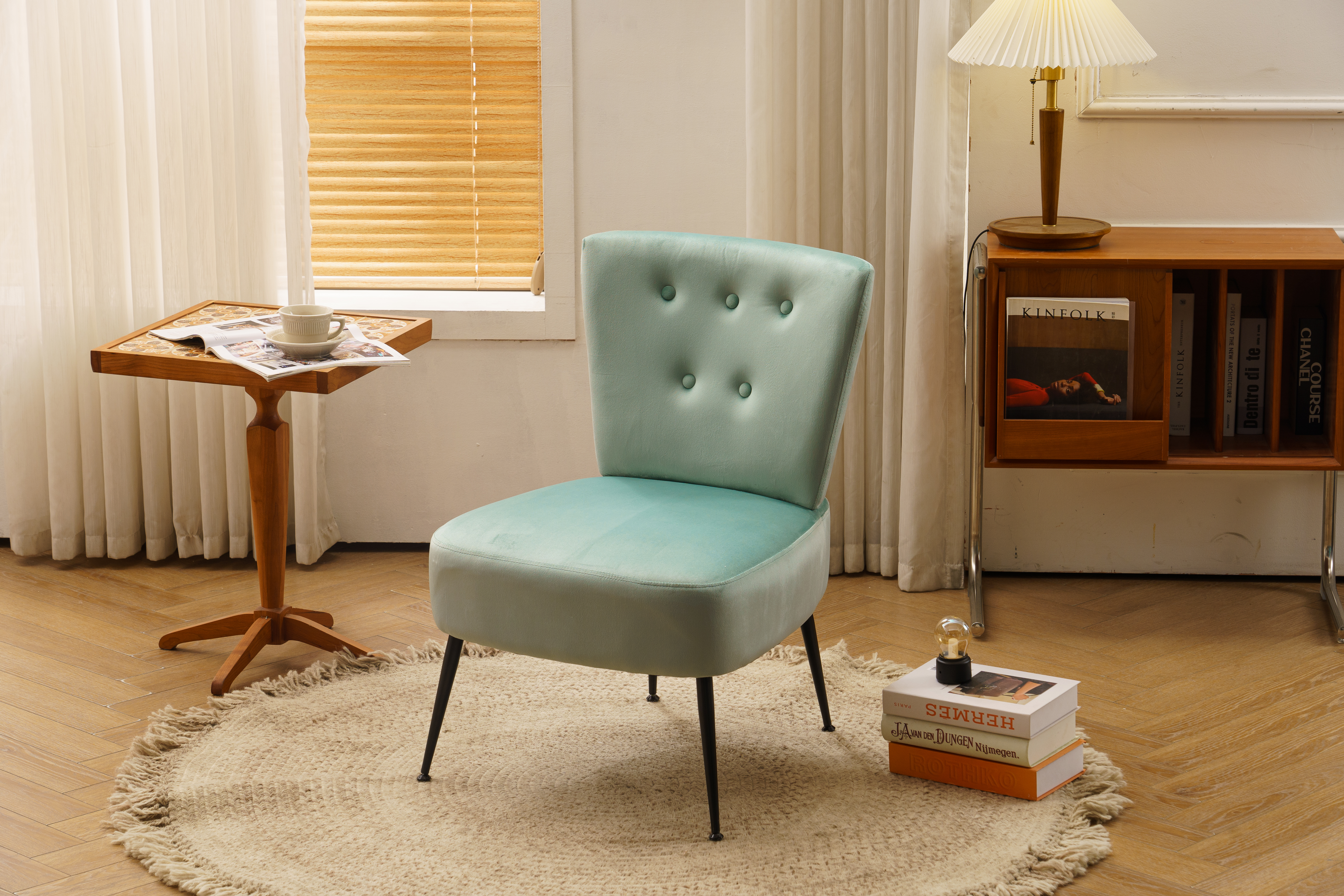 Light Green Velvet fabric  accent slipper chair with black metal legs for dining room living room bedroom-CASAINC