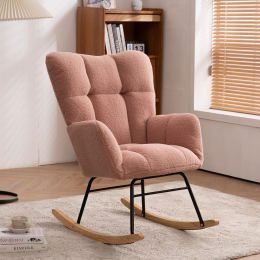 Mid Century Modern Pink Teddy fabric Tufted Upholstered Rocking Chair Padded Seat for Living Room Bedroom