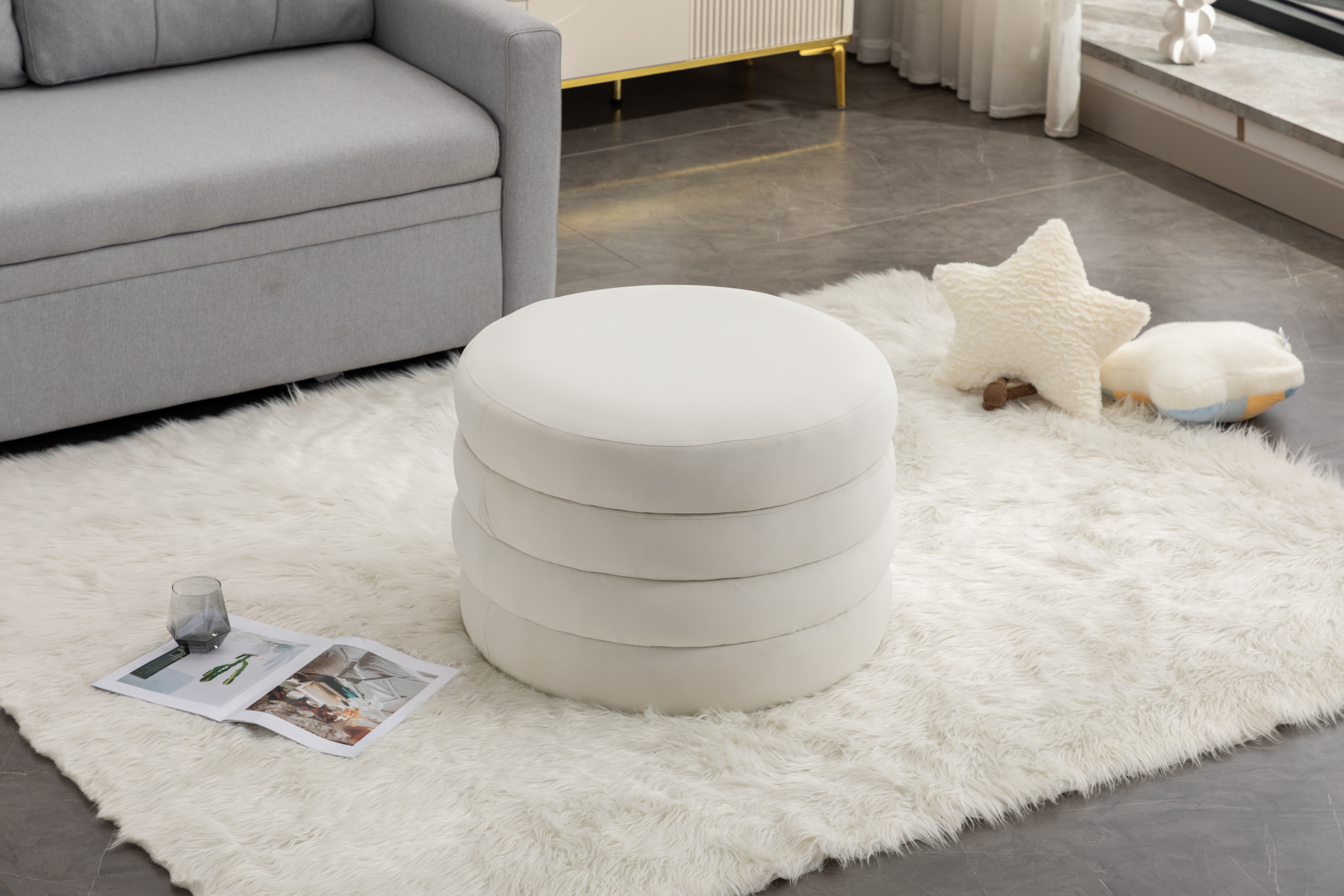 007-Velvet Fabric Storage Round Ottoman Footstool With Wooden Shelving,Ivory