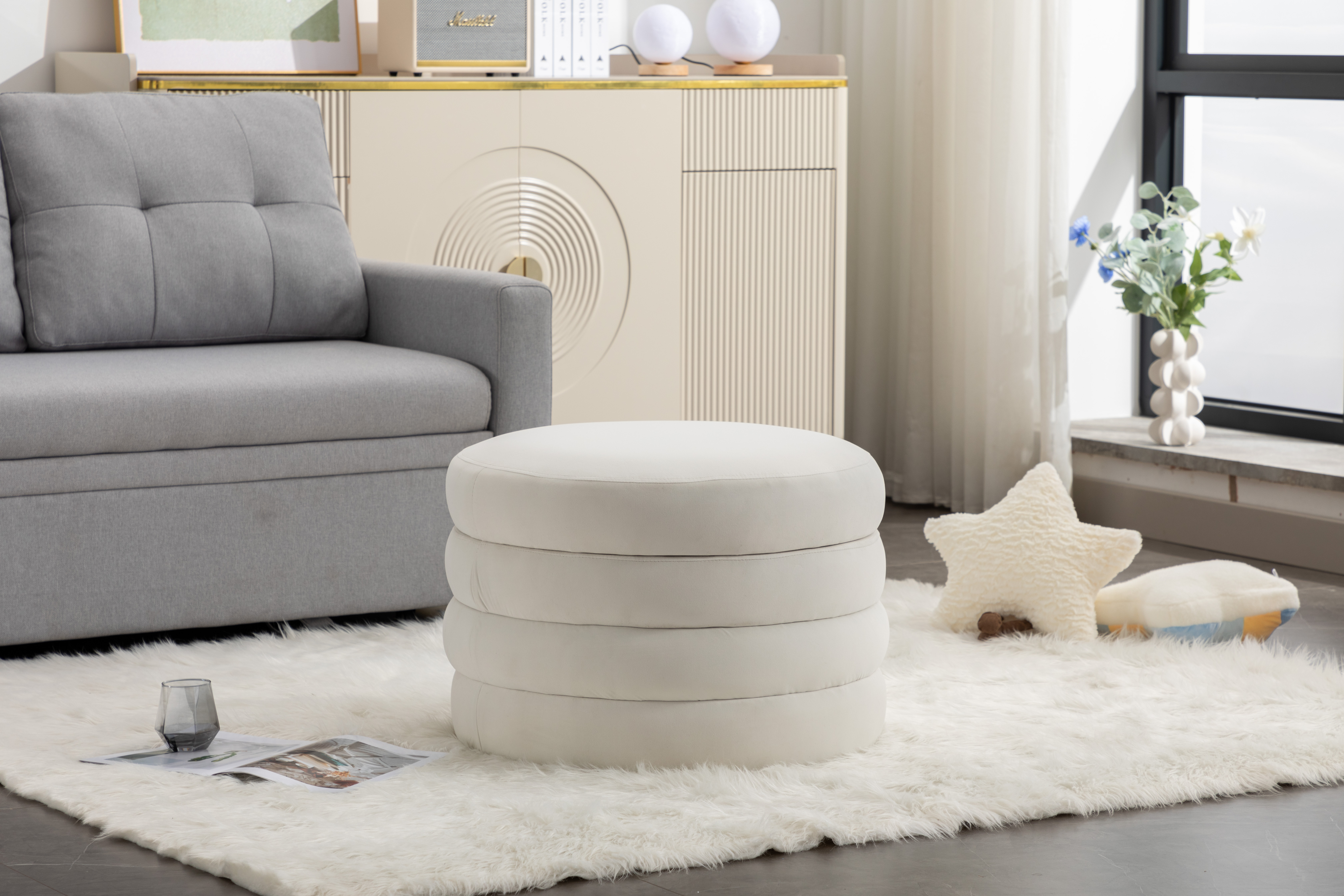 007-Velvet Fabric Storage Round Ottoman Footstool With Wooden Shelving,Ivory