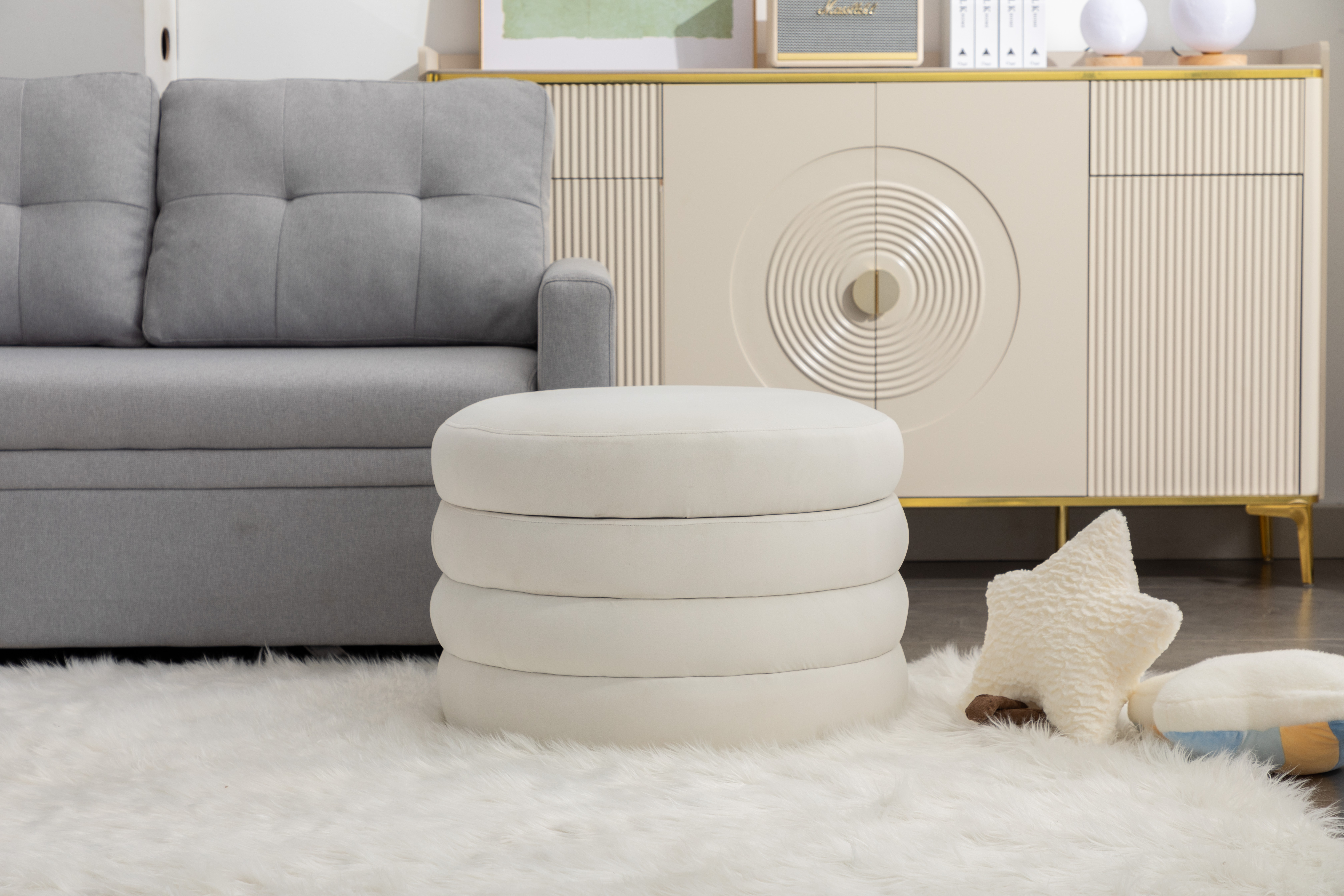 007-Velvet Fabric Storage Round Ottoman Footstool With Wooden Shelving,Ivory