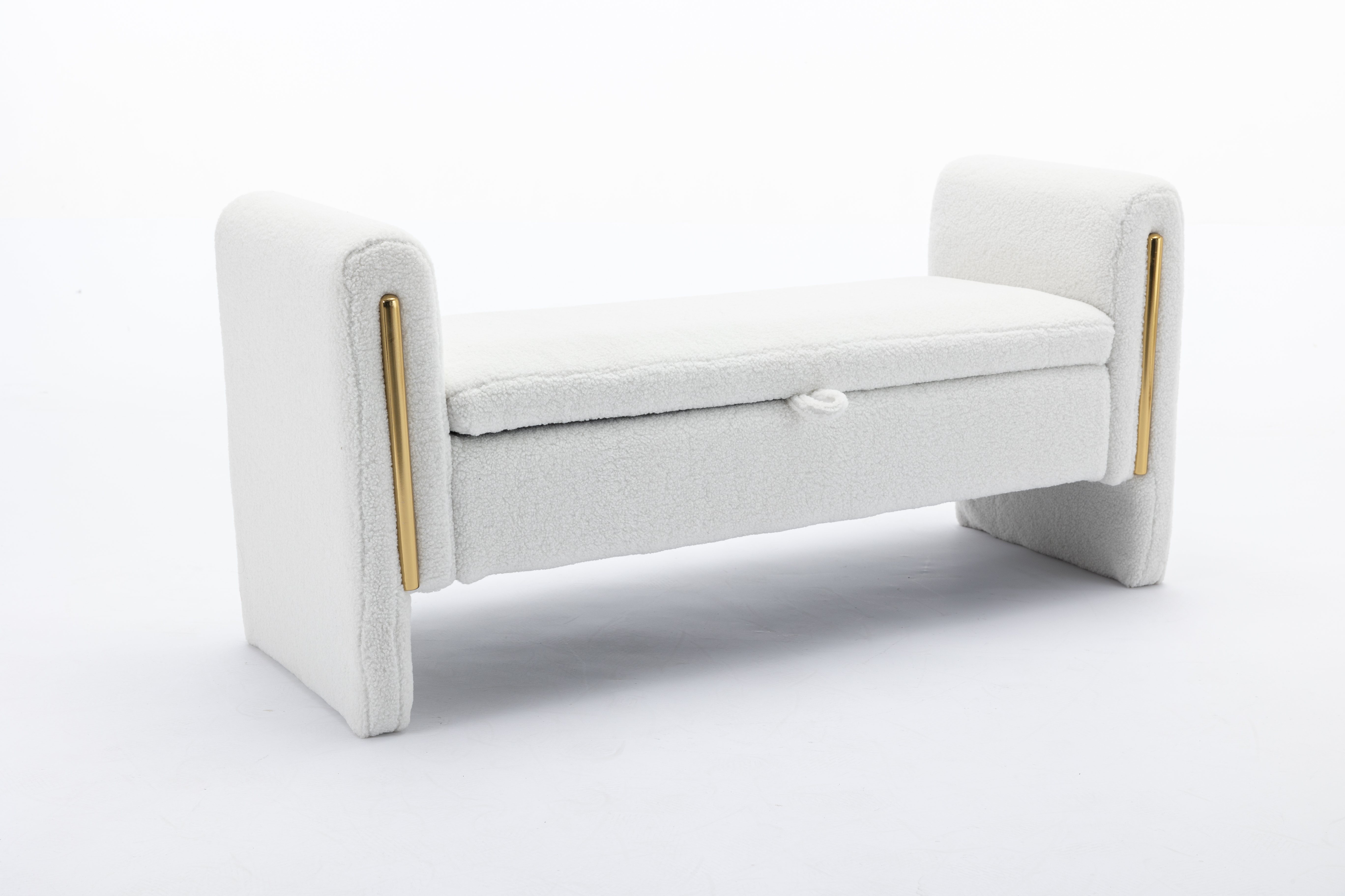 032-Teddy Fabric Storage Bench Bedroom Bench With Gold Metal Trim Strip For Living Room Bedroom Indoor,Ivory