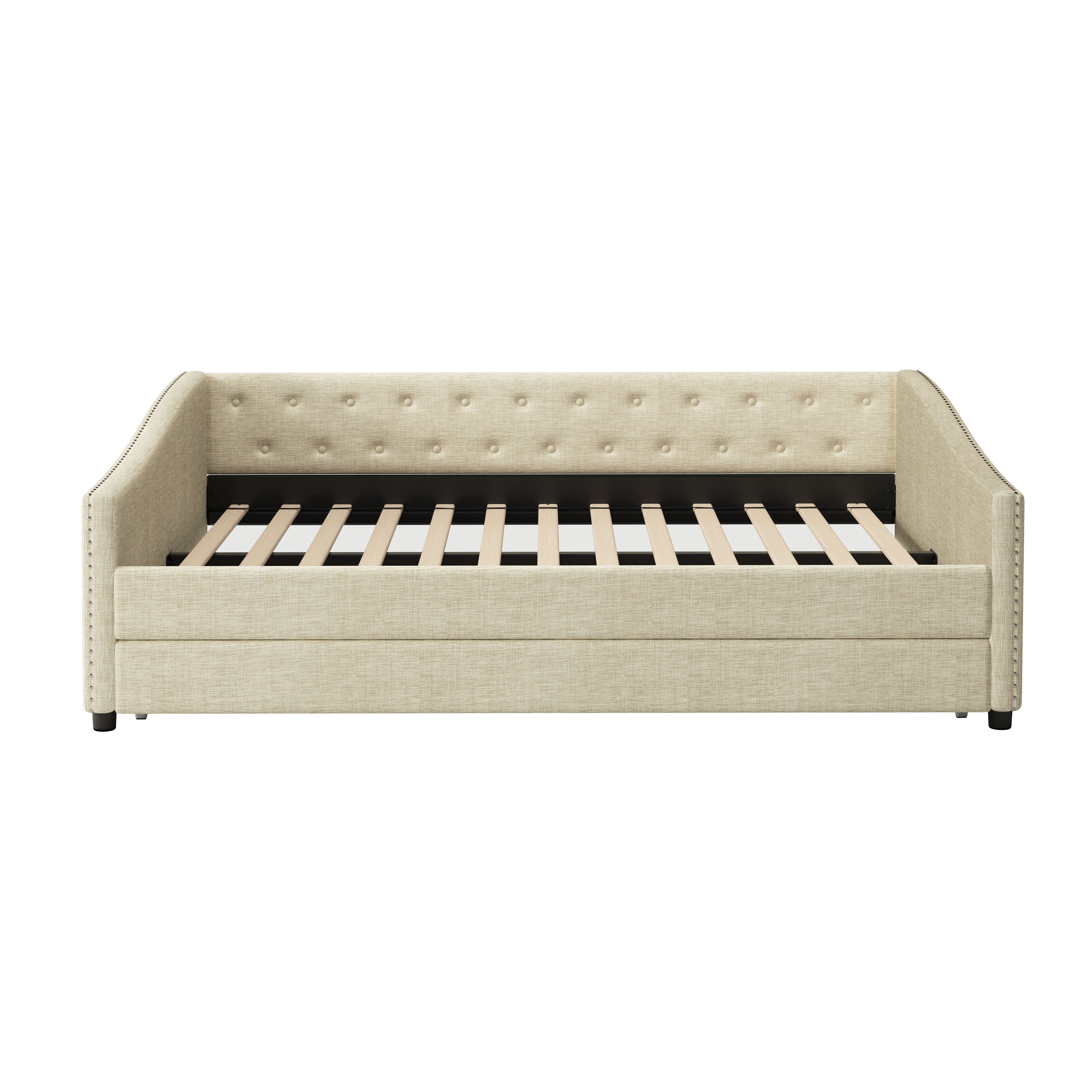 Full Size Daybed with Twin Size Trundle Upholstered Tufted Sofa Bed, with Button on Back and Copper Nail on Waved Shape Arms-Beige