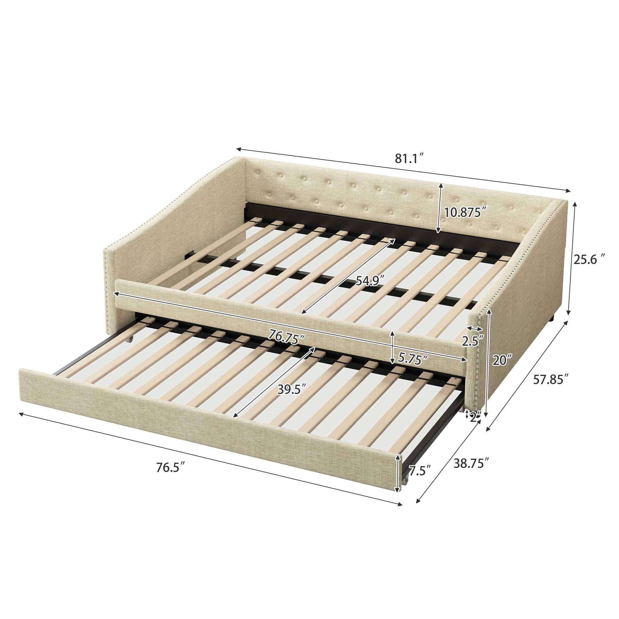 Full Size Daybed with Twin Size Trundle Upholstered Tufted Sofa Bed, with Button on Back and Copper Nail on Waved Shape Arms-Beige
