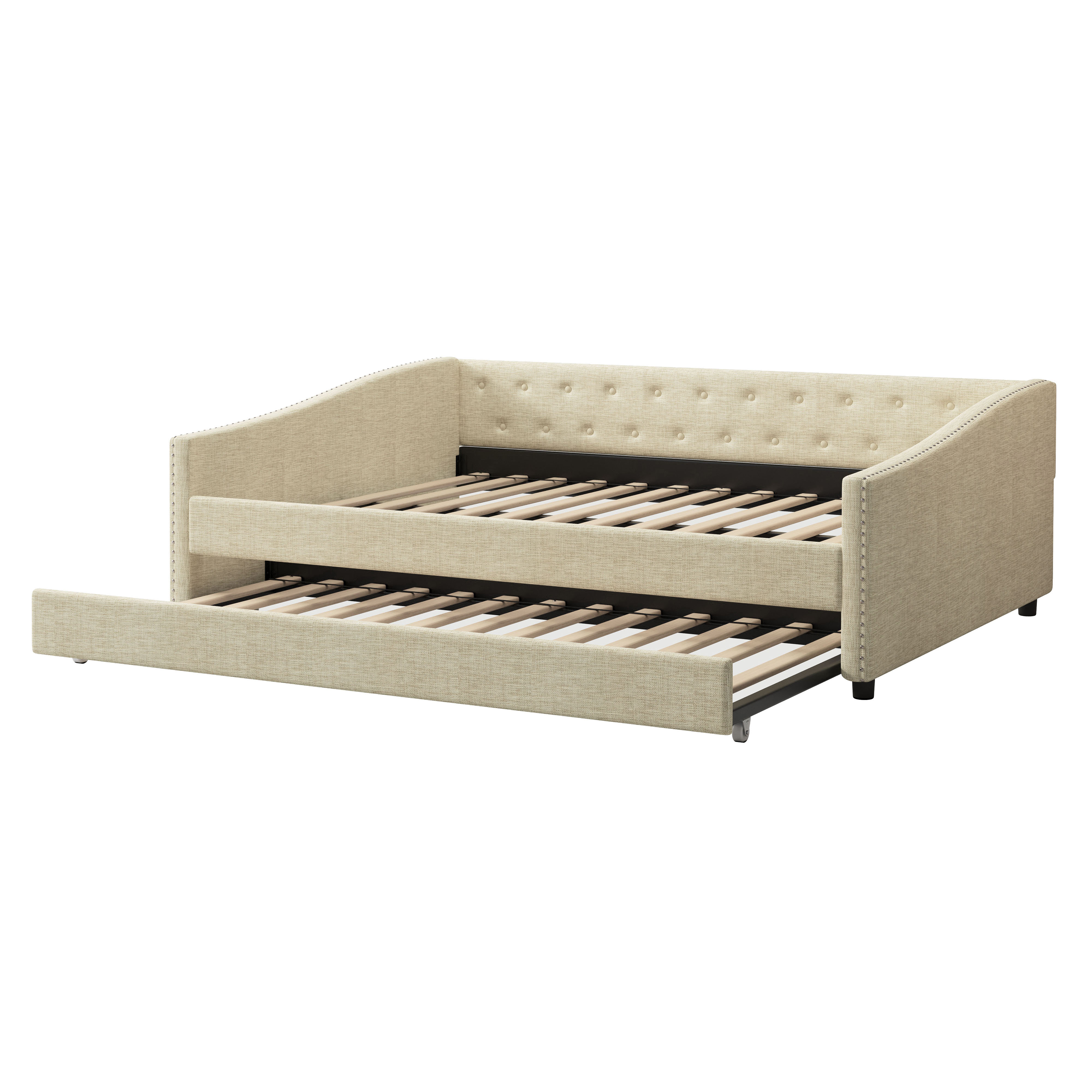 Full Size Daybed with Twin Size Trundle Upholstered Tufted Sofa Bed, with Button on Back and Copper Nail on Waved Shape Arms-Beige