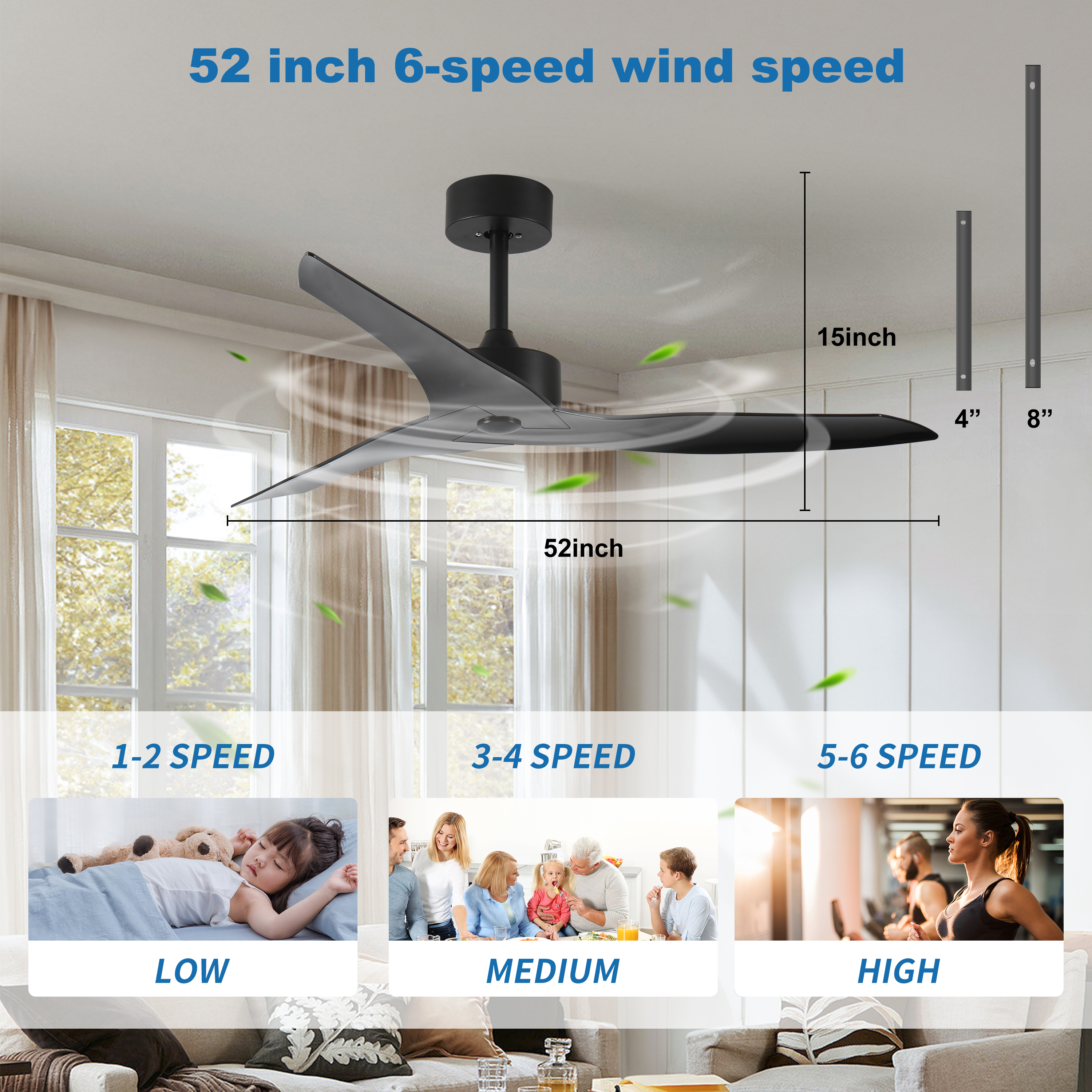 52" Outdoor black Ceiling Fan Without Light with Remote Control ,3 ABS Blades Farmhouse Ceiling Fan 6-speed Reversible DC Motor Modern Ceiling Fan for Living Room, Bedroom, Kitchen