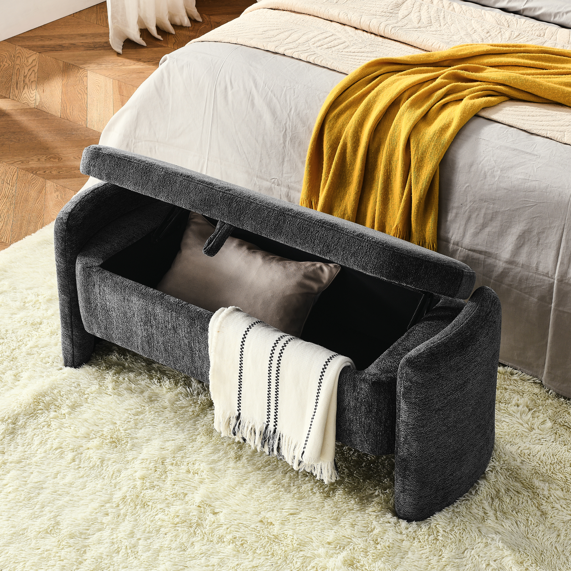 Ottoman Oval Storage Bench Chenille Fabric Bench with Large Storage Space for the Living Room, Entryway and Bedroom,gray