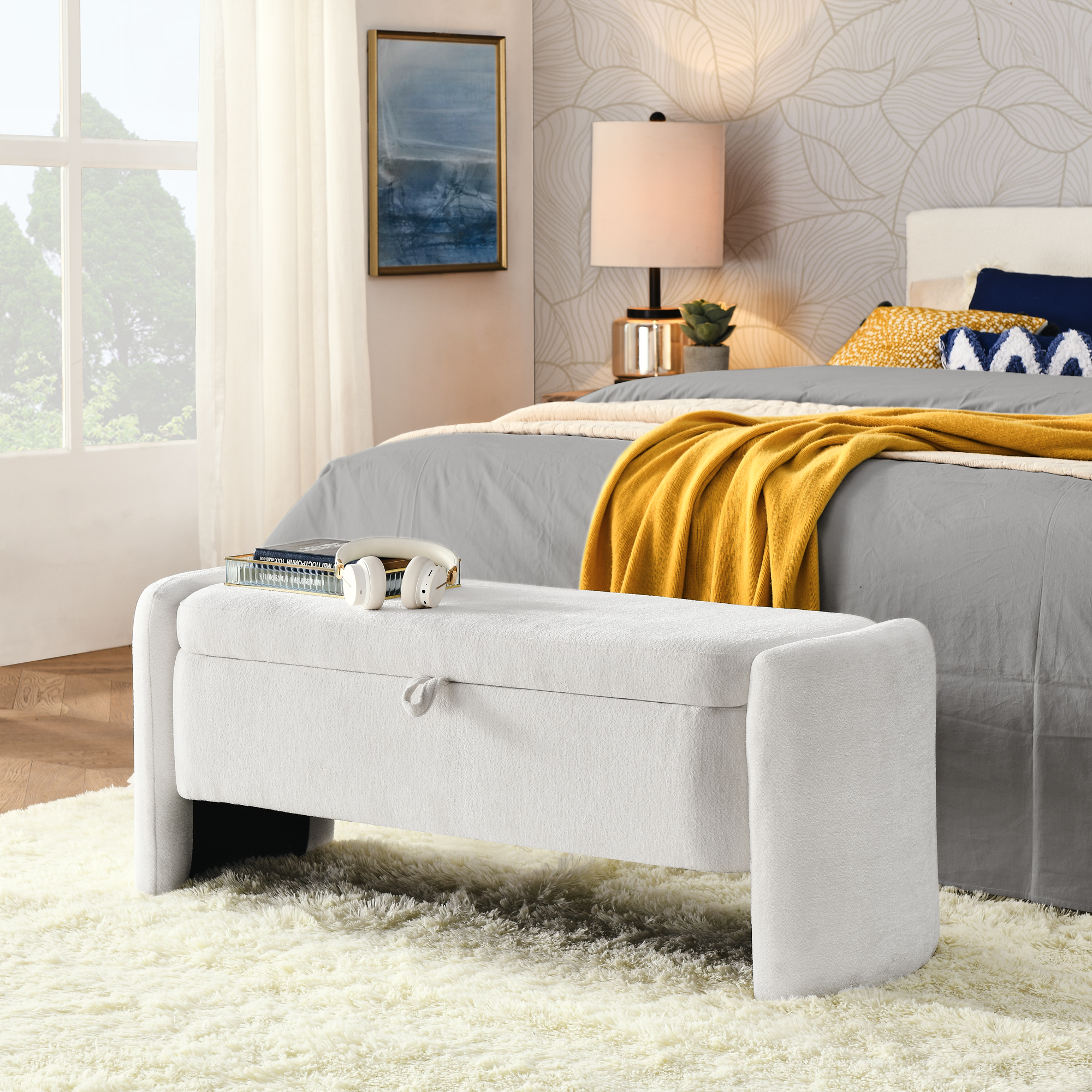 Oval Ottoman  Storage Bench Chenille Fabric Bench with Large Storage Space for the Living Room, Entryway and Bedroom,Cream white