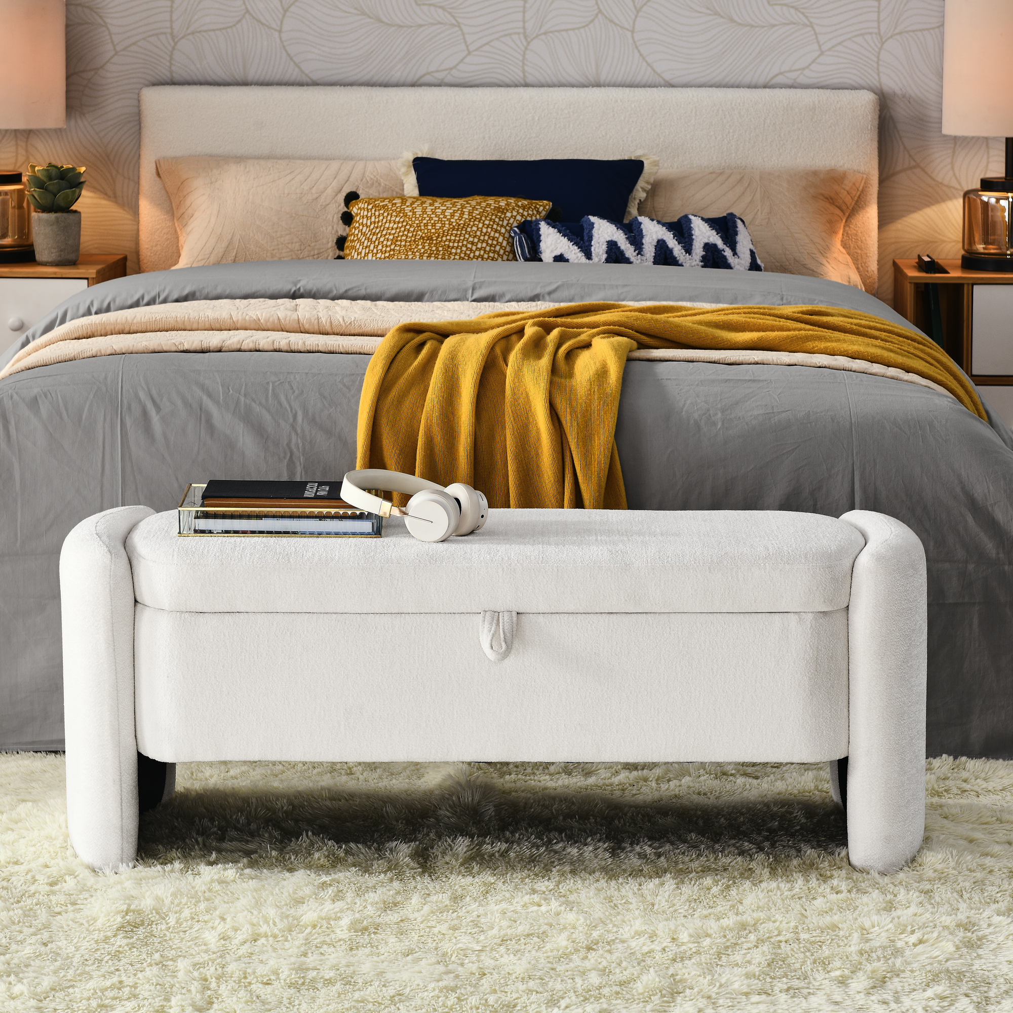 Oval Ottoman  Storage Bench Chenille Fabric Bench with Large Storage Space for the Living Room, Entryway and Bedroom,Cream white