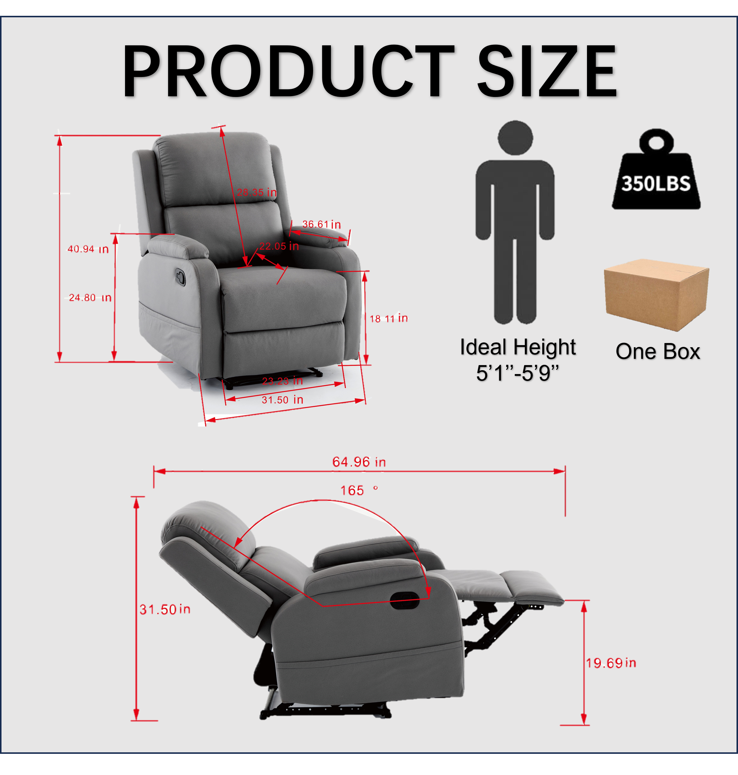 Best Choice Products PU Leather Recliner, Recliner Massage Chair, Adjustable Furniture for Back, Legs w/ 3 Positions,Easy-to-Reach Side Button - 灰色