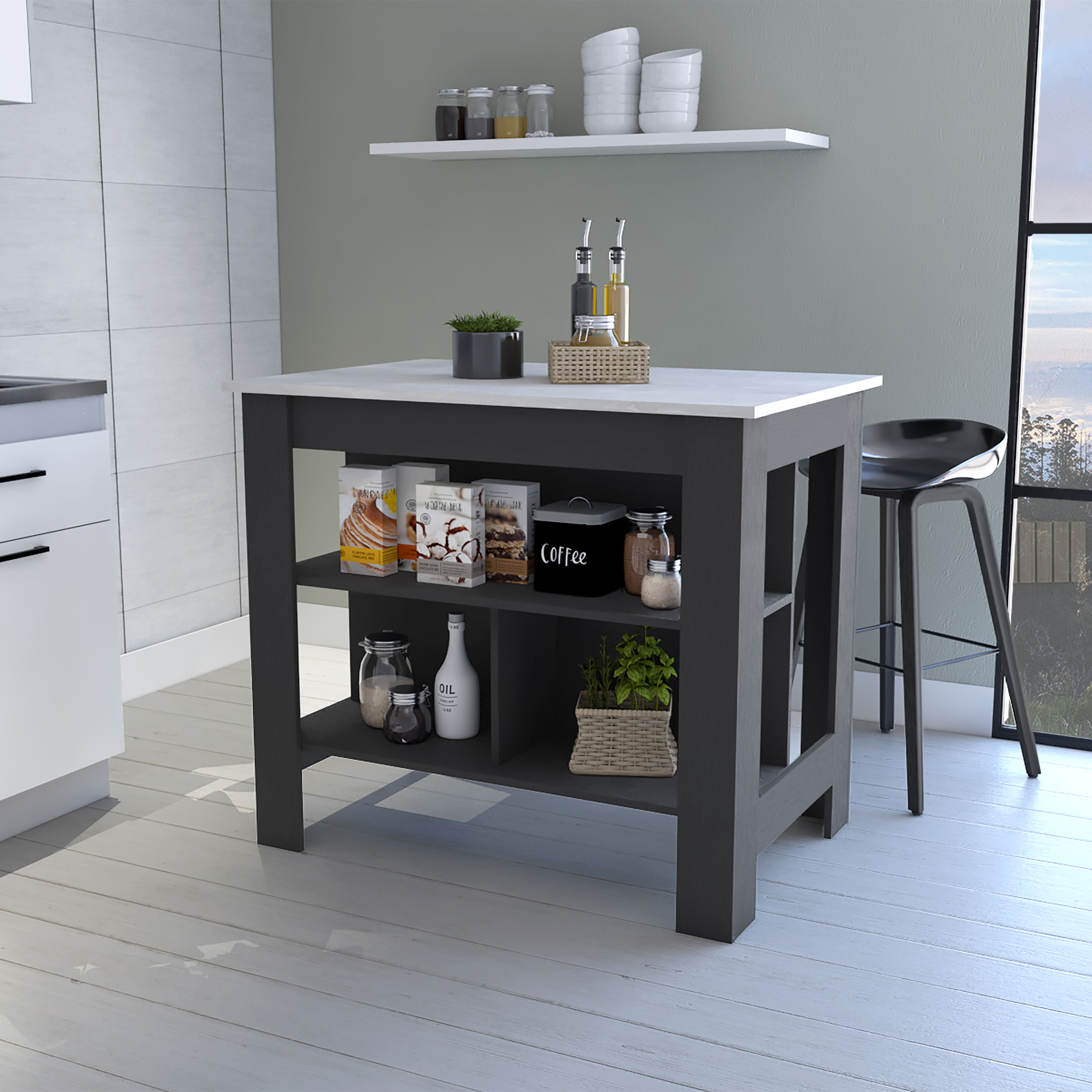 Brooklyn  Kitchen Island, Three Concealed Shelves