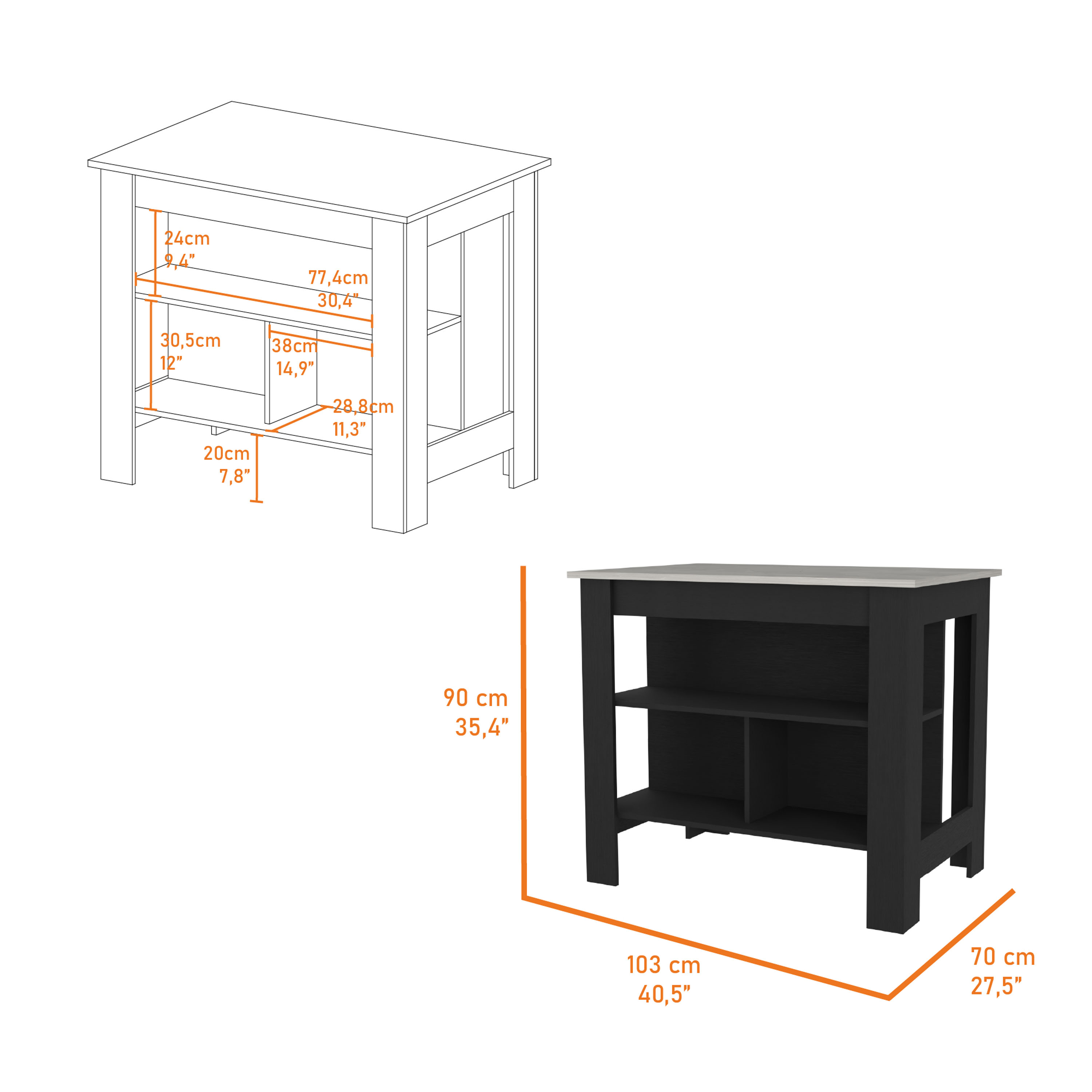 Brooklyn  Kitchen Island, Three Concealed Shelves