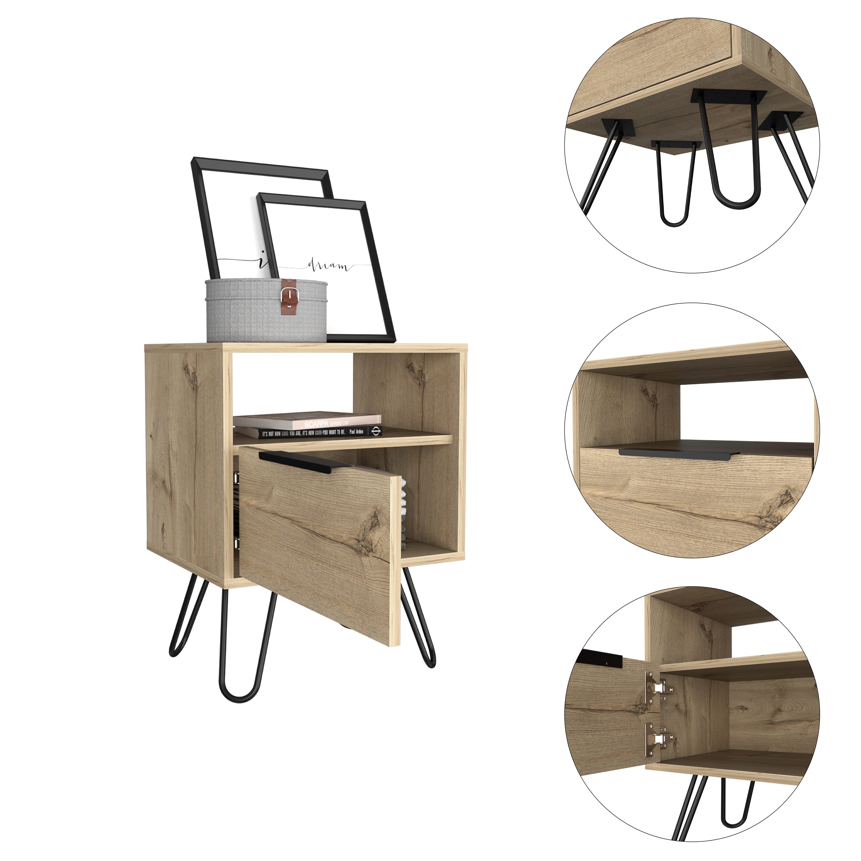 Vienna Nightstand, Shelves, Hairpin Legs