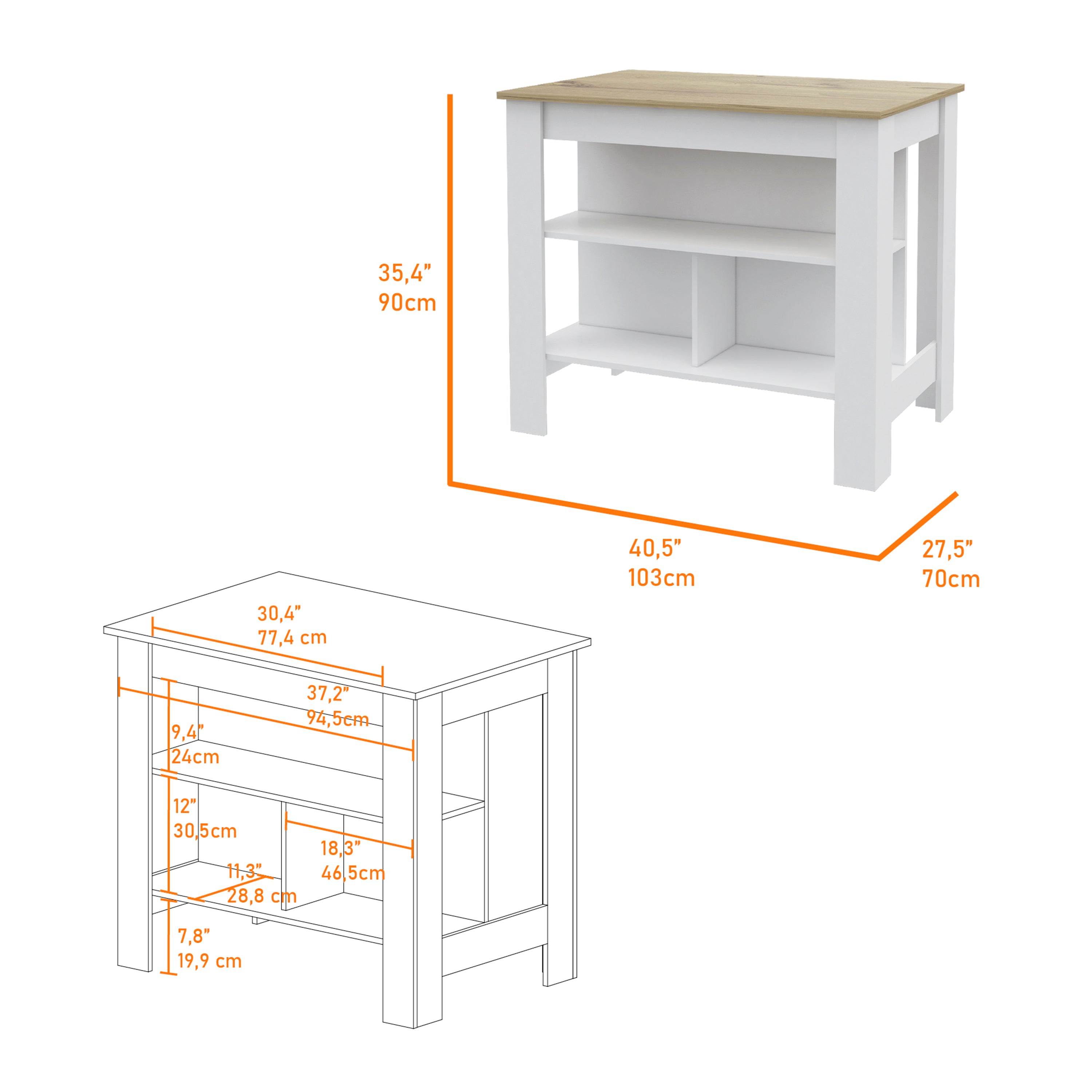 Brooklyn  Kitchen Island, Three Concealed Shelves