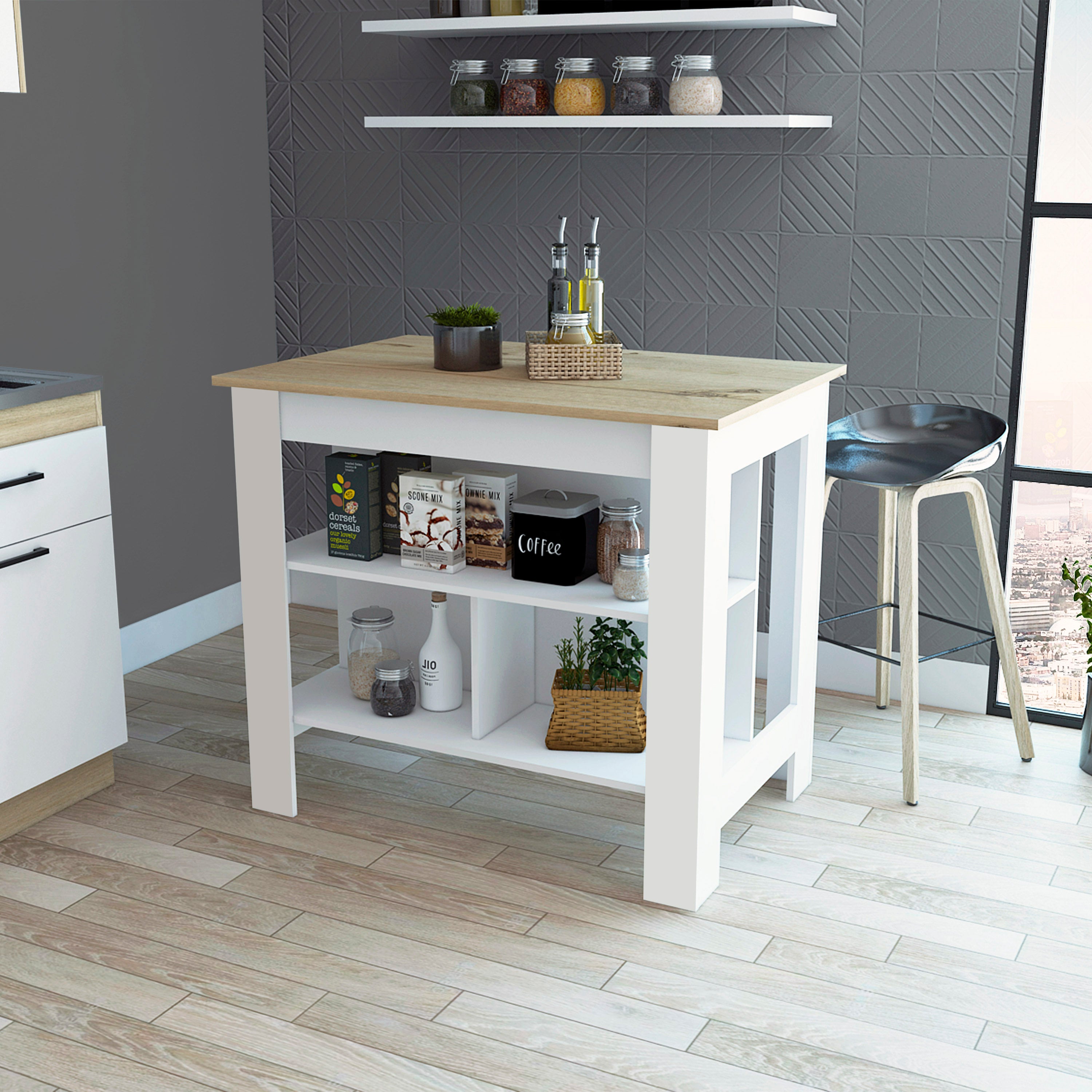 Brooklyn  Kitchen Island, Three Concealed Shelves