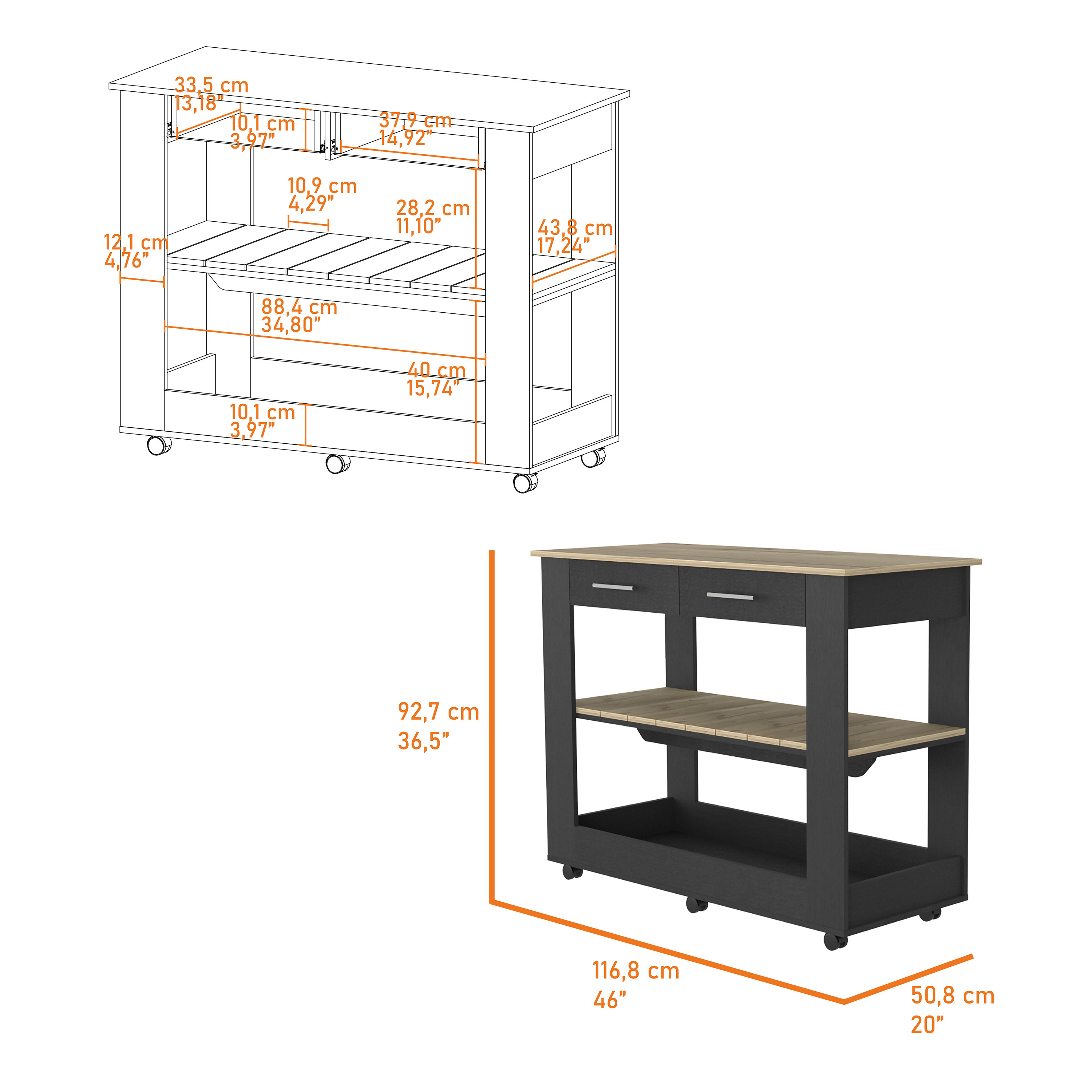 Brooklyn 46 Kitchen Island, Two Shelves, Two Drawers