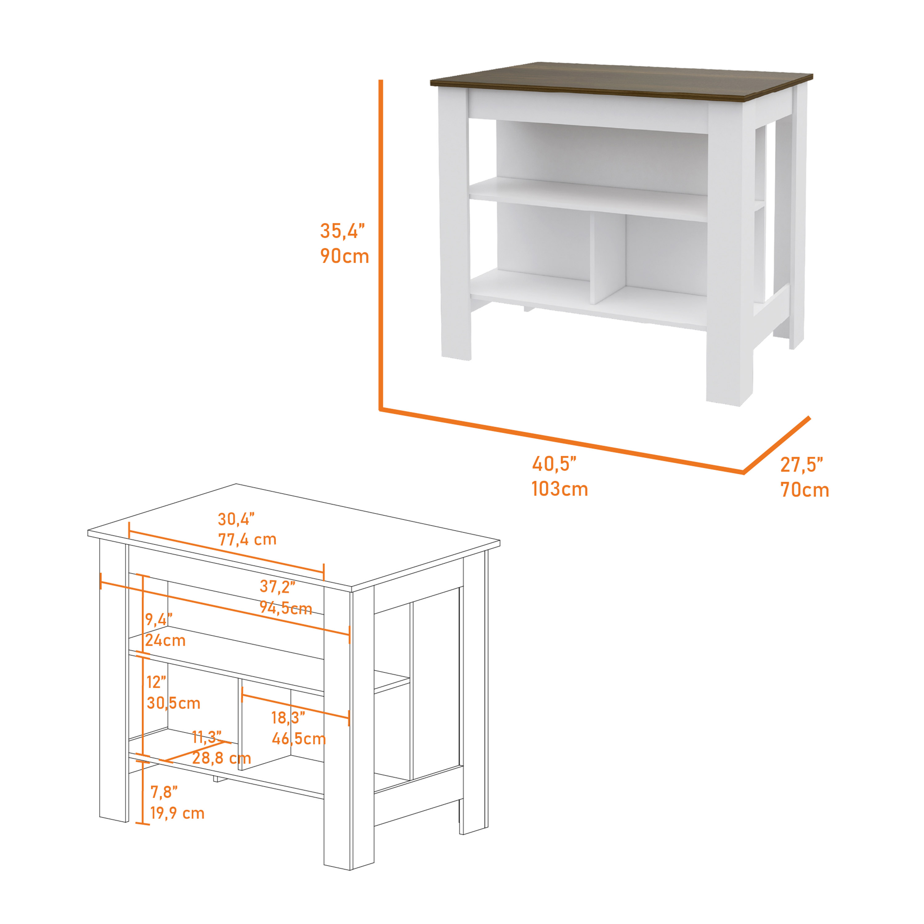 Brooklyn  Kitchen Island, Three Concealed Shelves