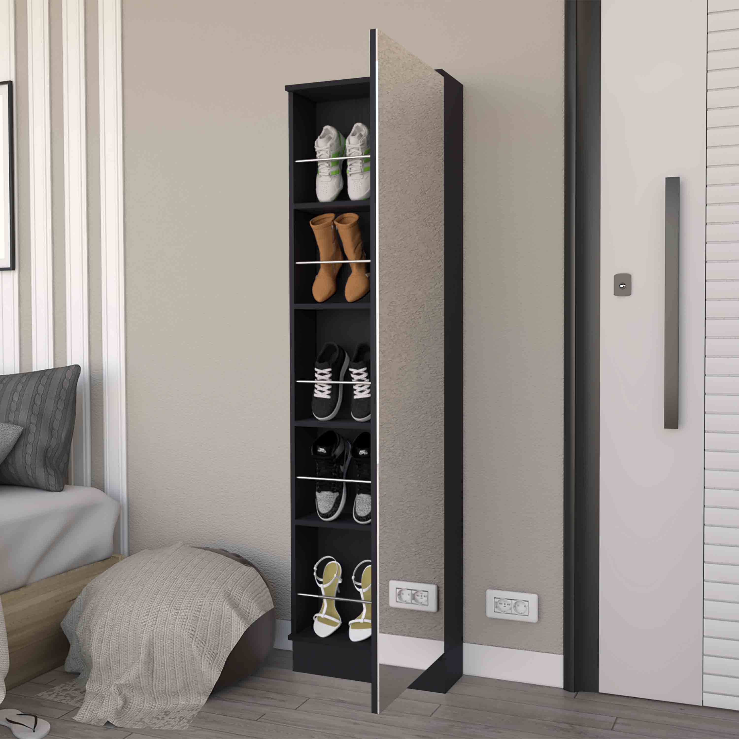 Ruan XL Shoe Rack, Mirror, Five Interior Shelves, Single Door Cabinet