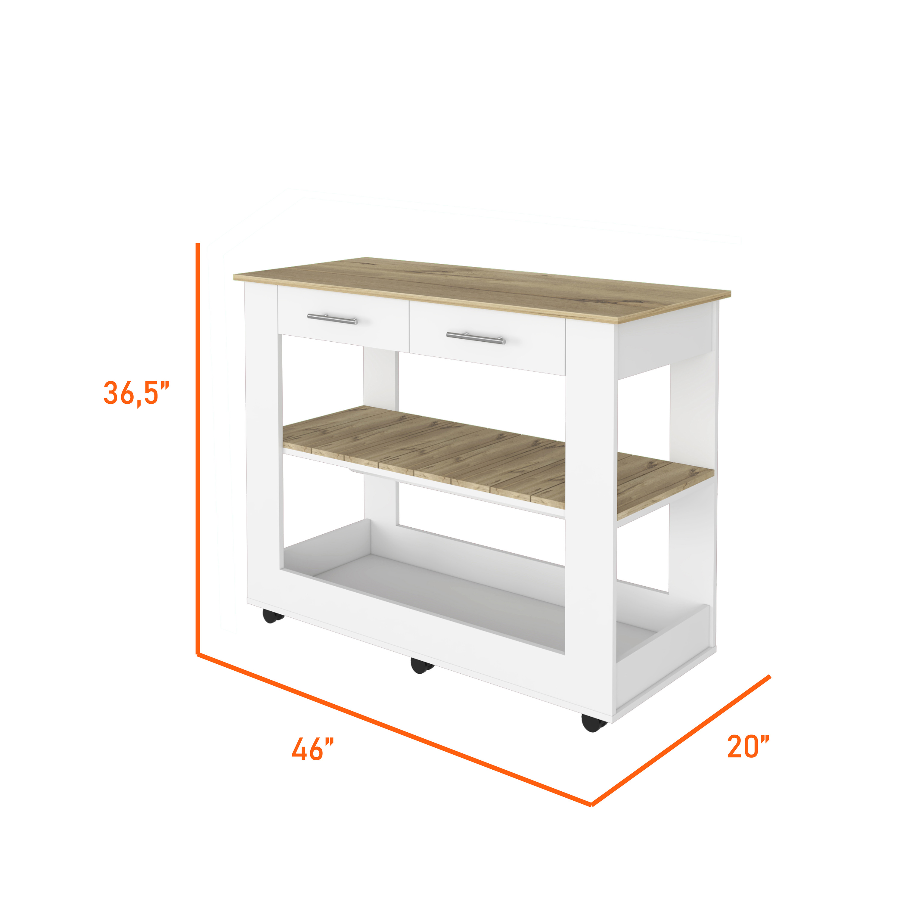 Brooklyn 46 Kitchen Island, Two Shelves, Two Drawers