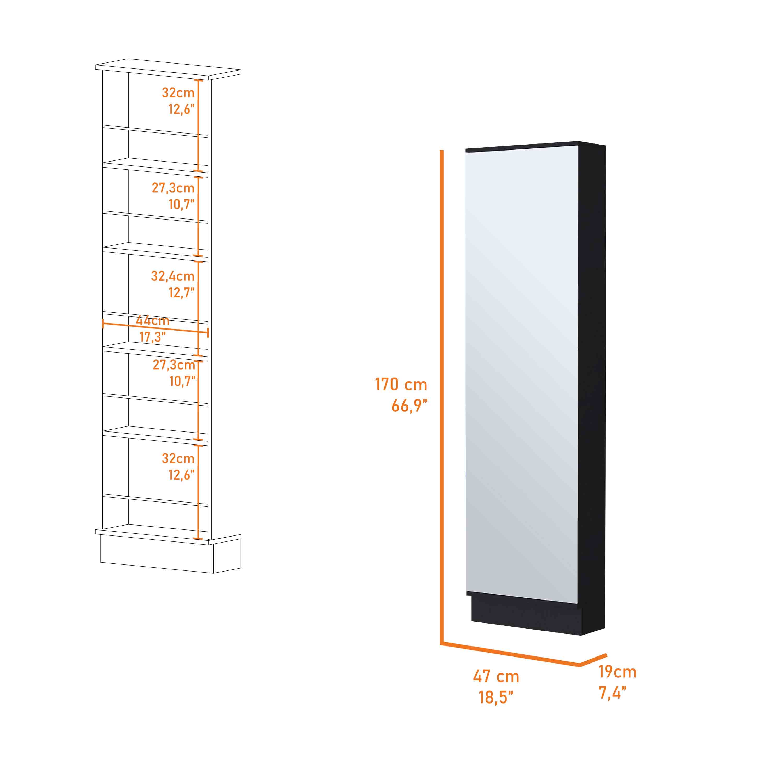 Ruan XL Shoe Rack, Mirror, Five Interior Shelves, Single Door Cabinet