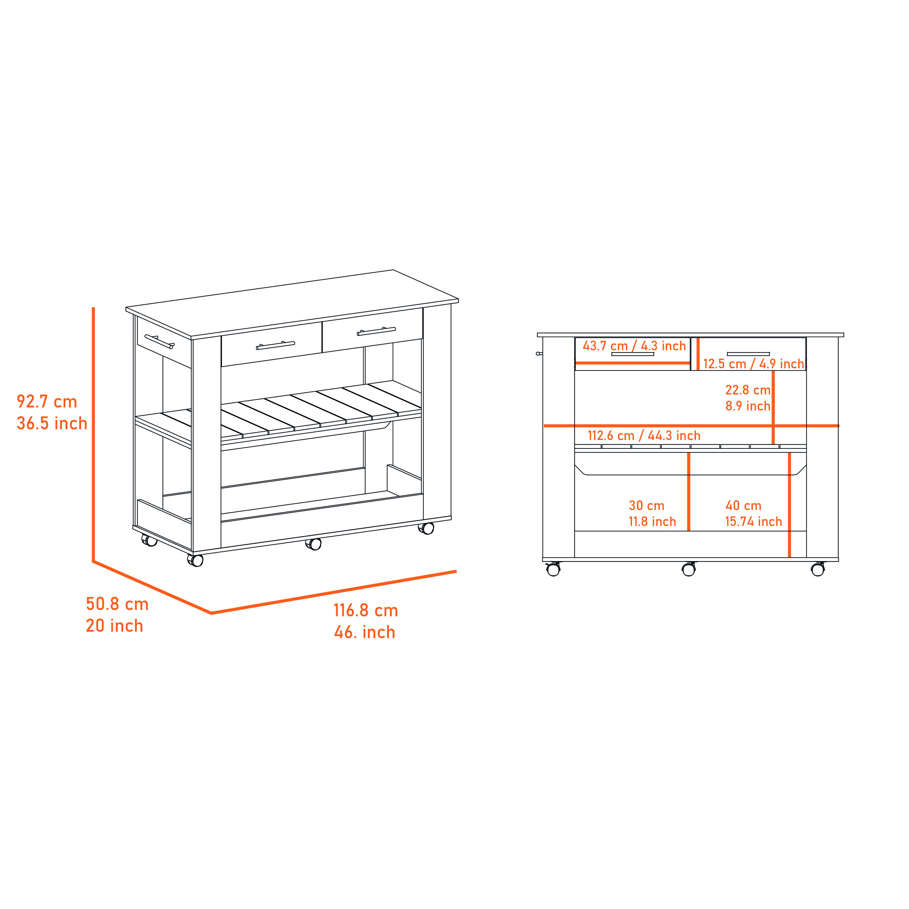 Brooklyn 46 Kitchen Island, Two Shelves, Two Drawers