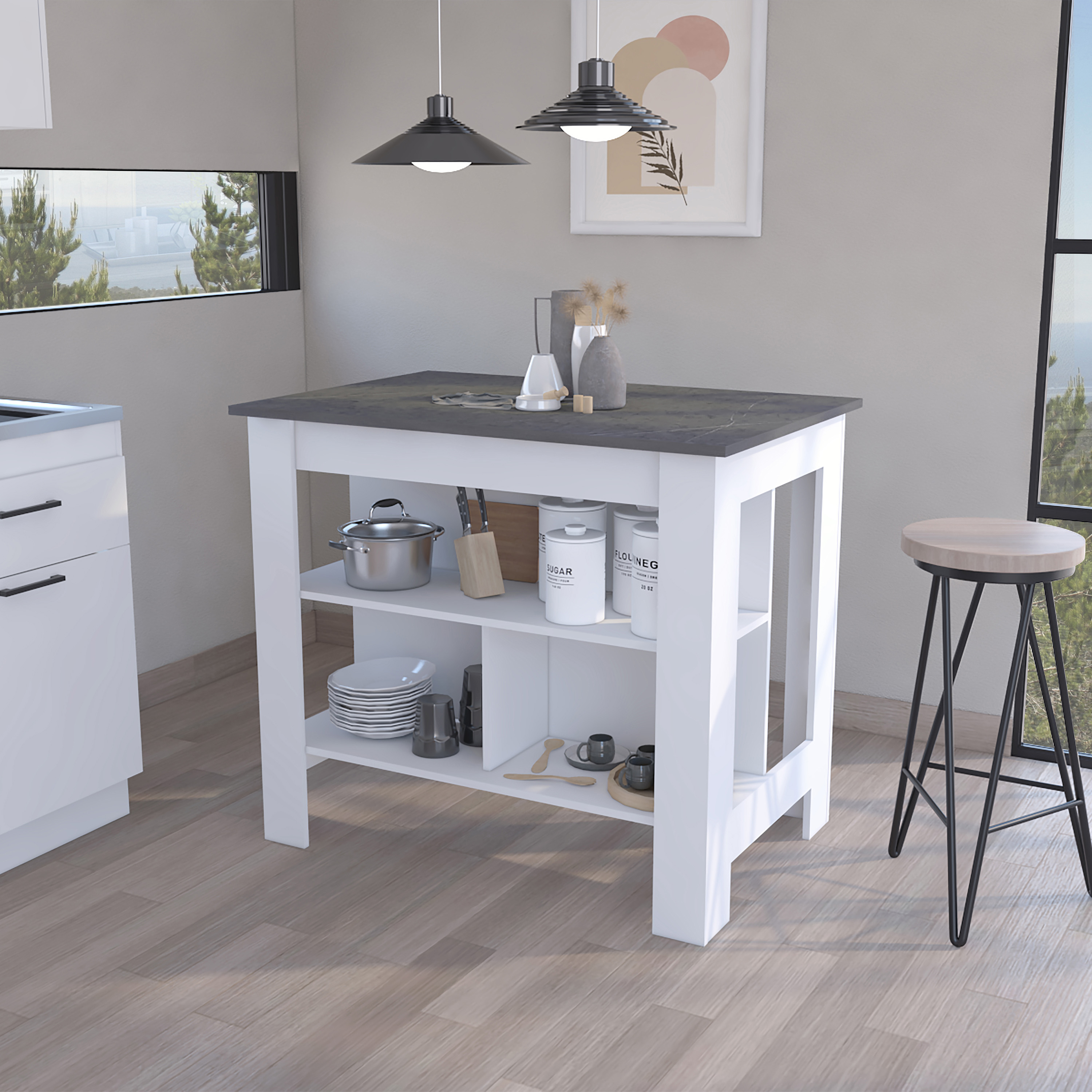 Brooklyn  Kitchen Island, Three Concealed Shelves