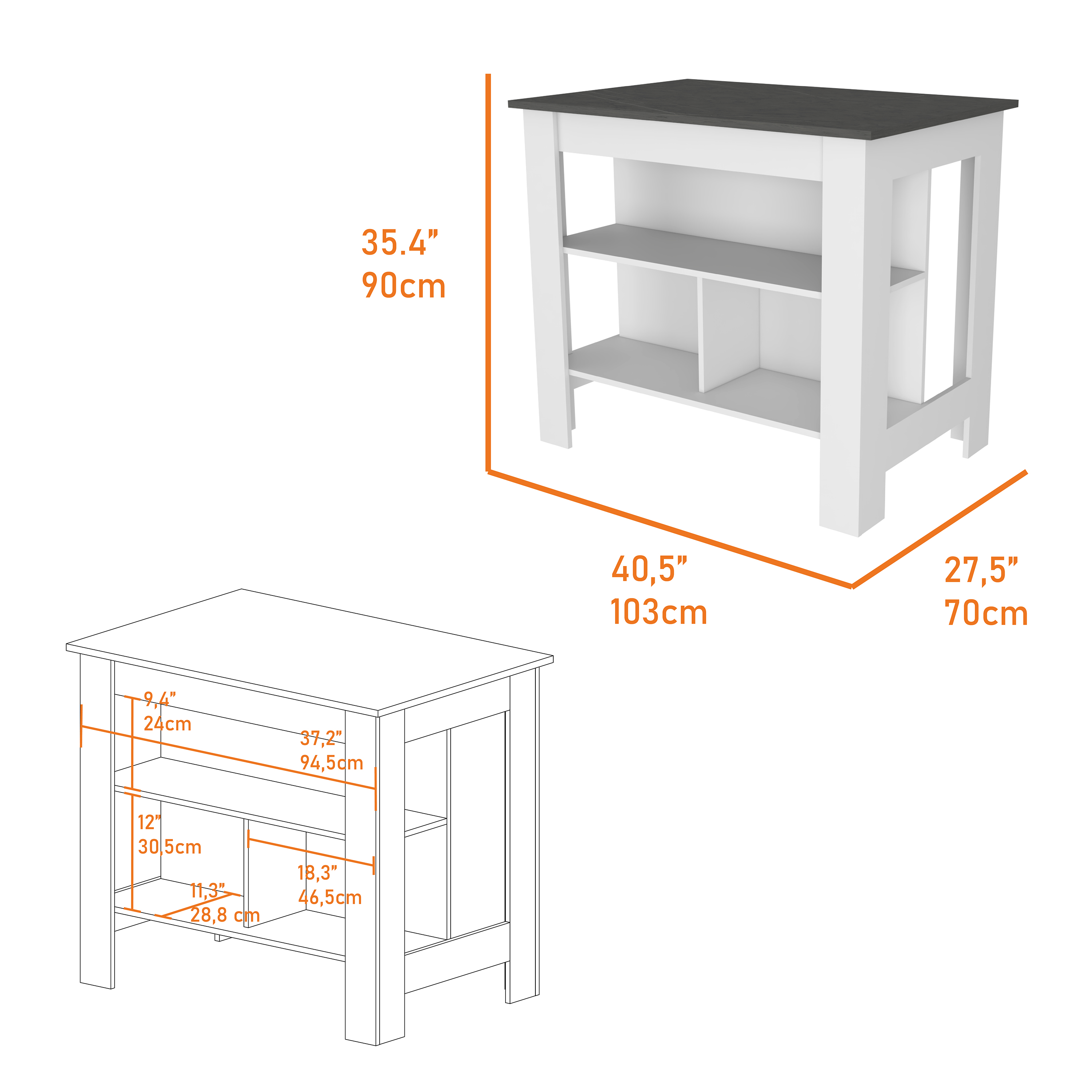 Brooklyn  Kitchen Island, Three Concealed Shelves