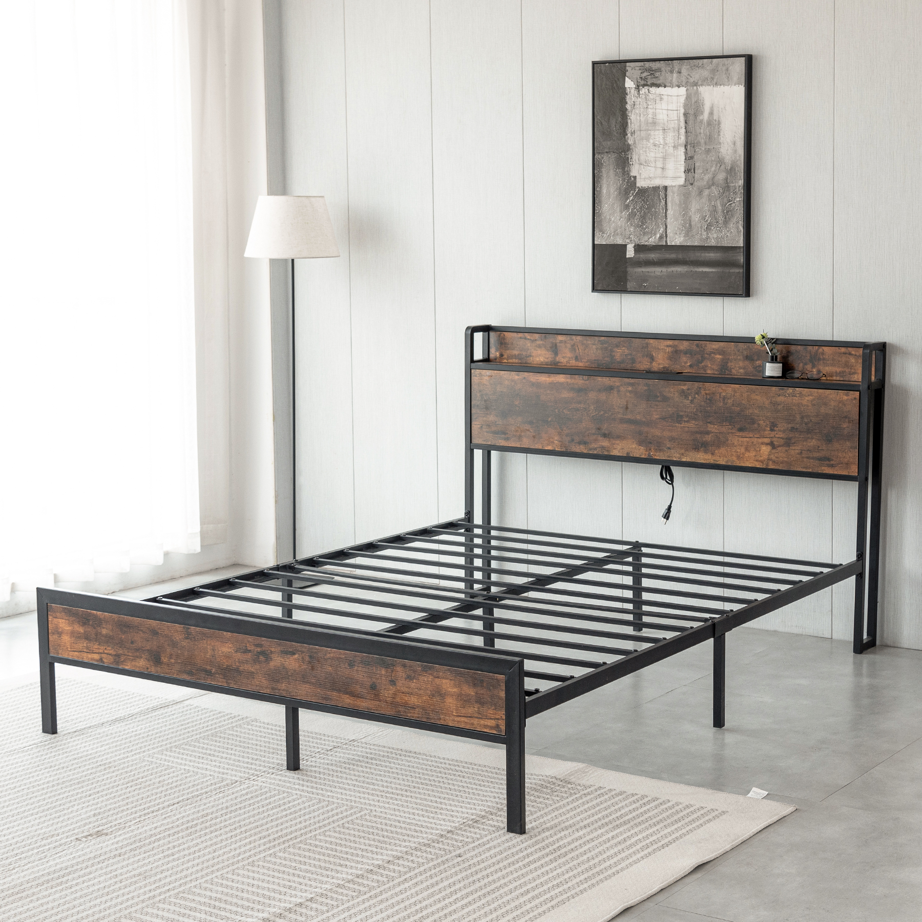 Black Queen Metal Bed Frame with Wooden Headboard and and Footboard and Iron Slats, Rustic Bed Base, Heavy Duty Platform Bed Frame, 12 Inch Underbed Storage/No Springs Required