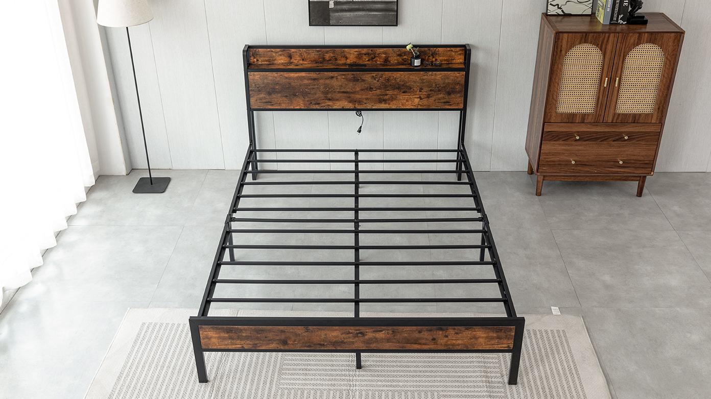 Black Queen Metal Bed Frame with Wooden Headboard and and Footboard and Iron Slats, Rustic Bed Base, Heavy Duty Platform Bed Frame, 12 Inch Underbed Storage/No Springs Required