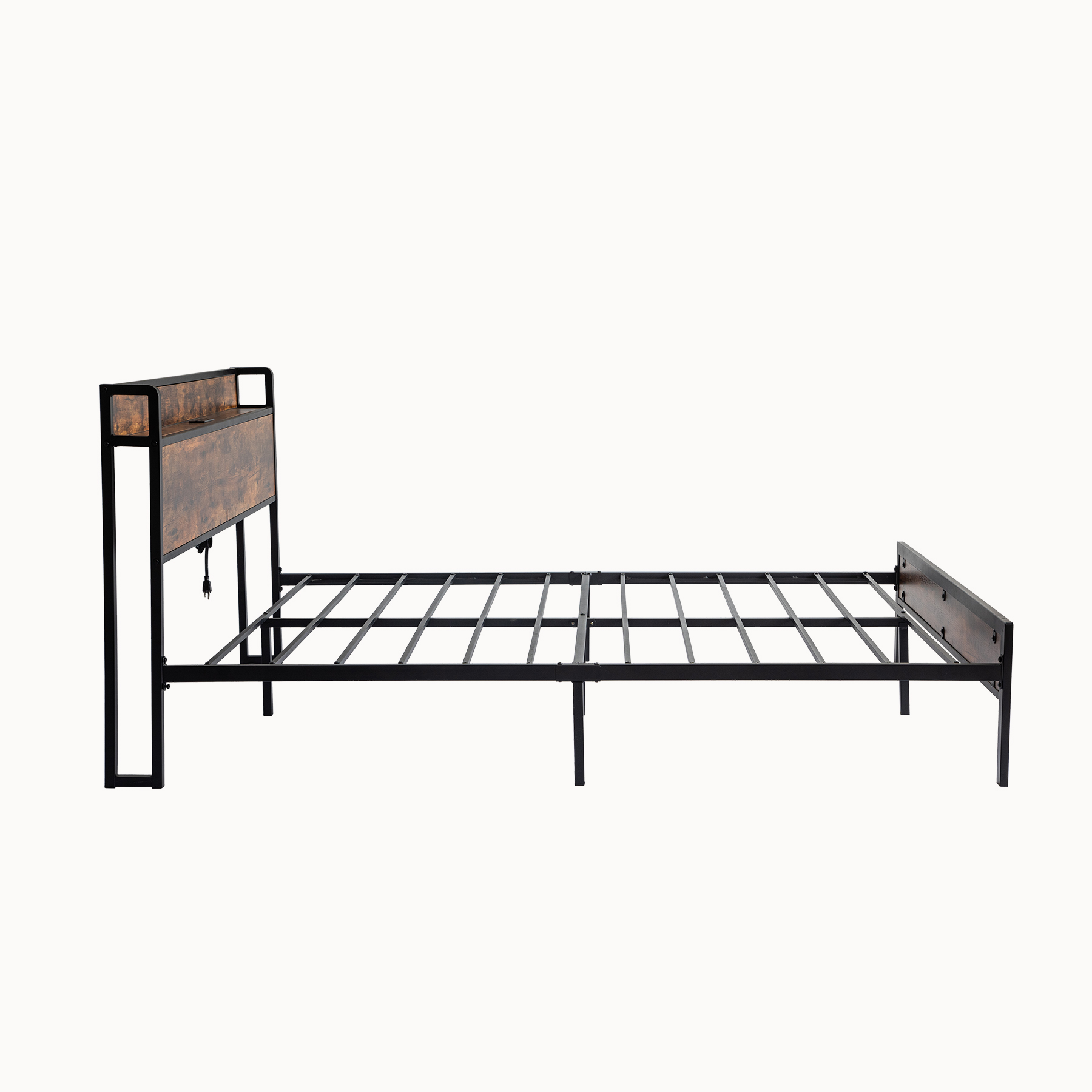 Black Queen Metal Bed Frame with Wooden Headboard and and Footboard and Iron Slats, Rustic Bed Base, Heavy Duty Platform Bed Frame, 12 Inch Underbed Storage/No Springs Required