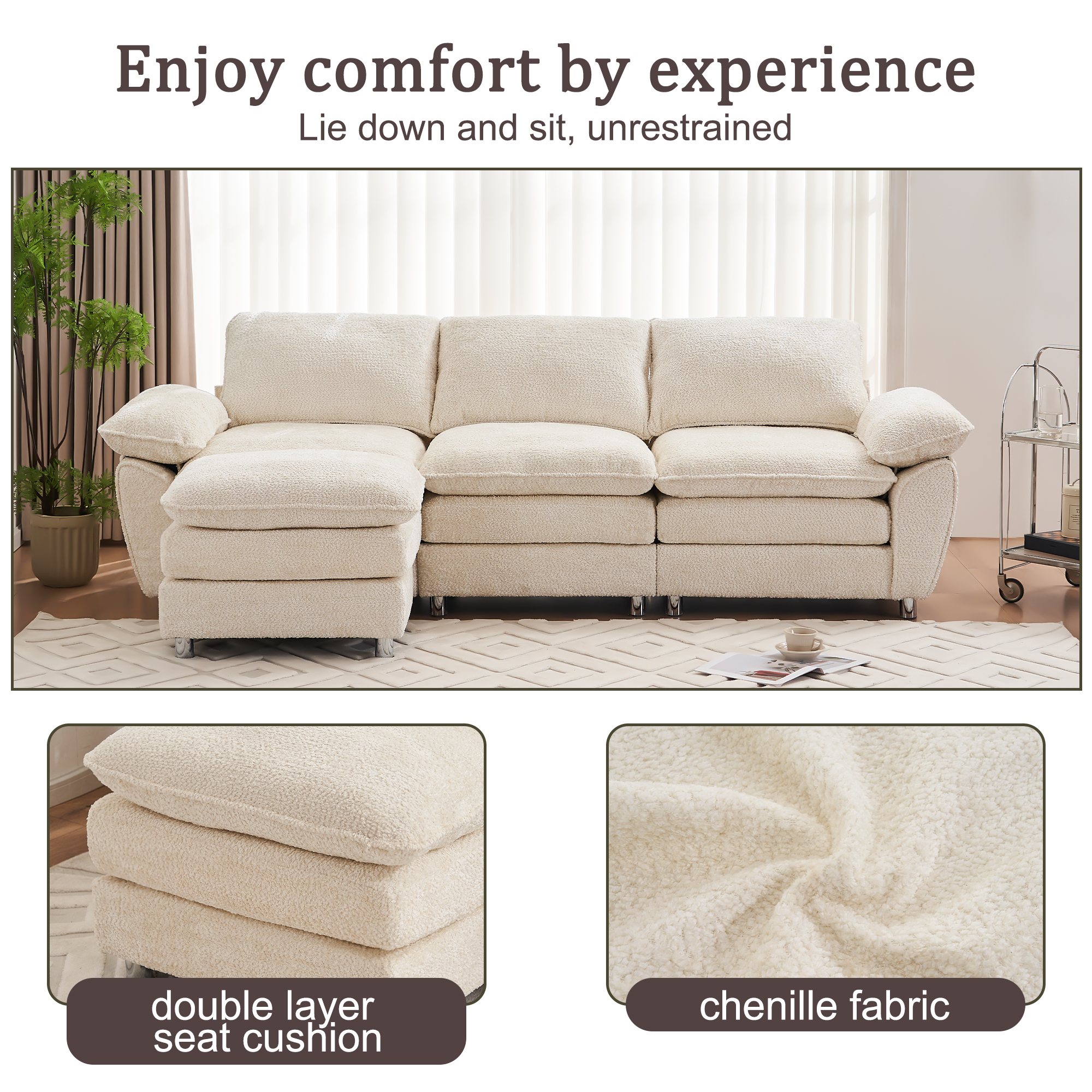 Modern Deep 3-Seat Sofa Couch with Ottoman, Polyester Sofa Sleeper Comfy Upholstered Furniture for Living Room, Apartment, Studio, Office, Beige