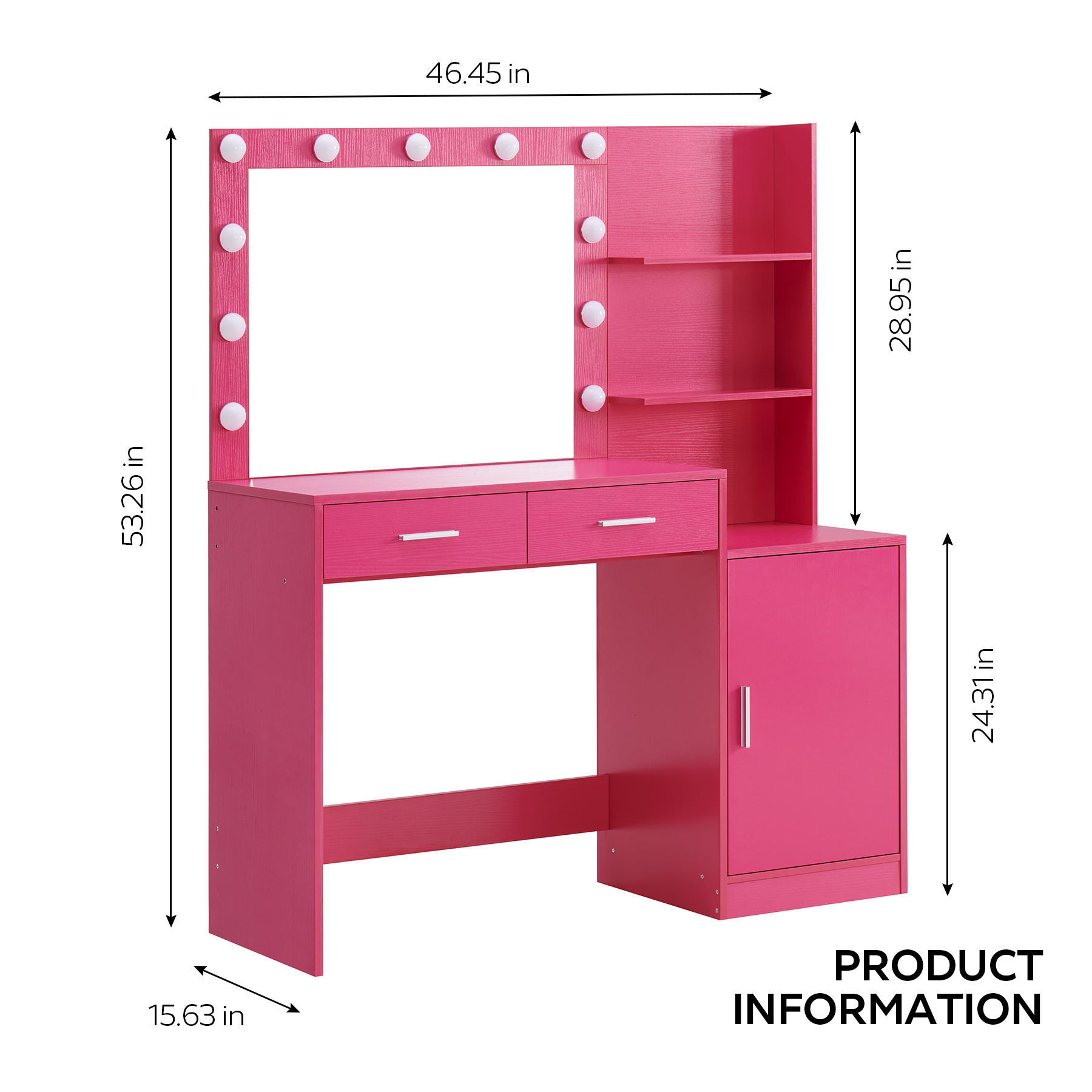 Vanity Desk with Mirror and Lights, 46.4IN Dressing Table with 2 Large Drawer&Large Vertical Organizer, 3 Level Dresser & 3 Lighting Modes Adjustable Brightness, Suitable for Bedroom(Rose Pink)