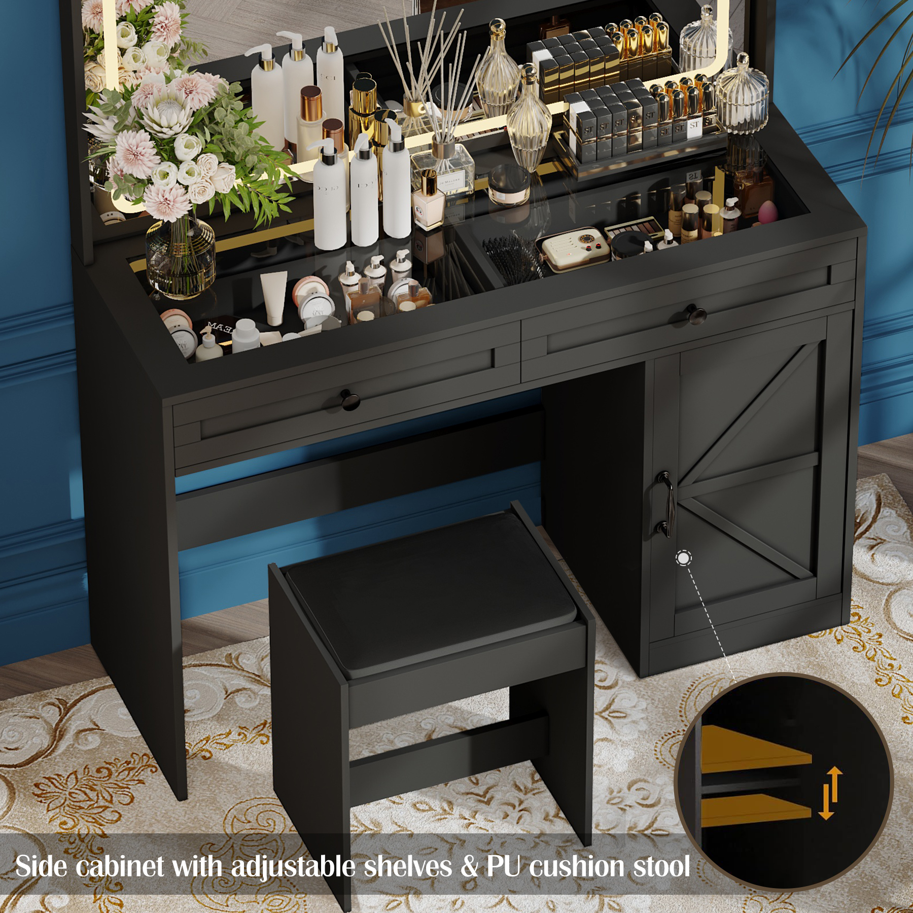 43.3"Makeup Vanity Table, Makeup Table with Large Mirror and LED Light Strip, Brightness Adjustable, Dressing Table Desk with 3 Drawers, Vanity Desk for Women(Black with Stool)