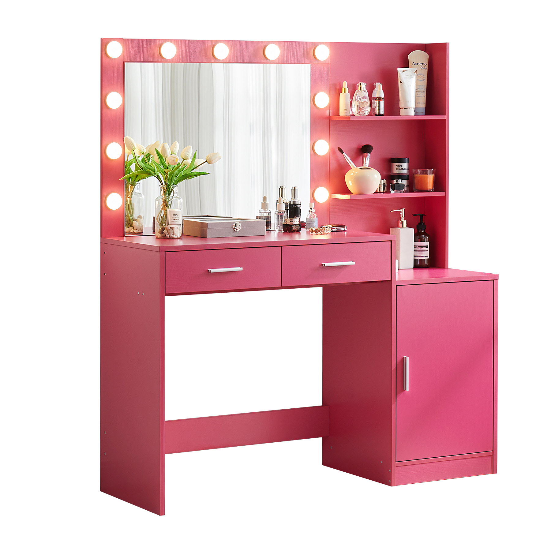 Vanity Desk with Mirror and Lights, 46.4IN Dressing Table with 2 Large Drawer&Large Vertical Organizer, 3 Level Dresser & 3 Lighting Modes Adjustable Brightness, Suitable for Bedroom(Rose Pink)